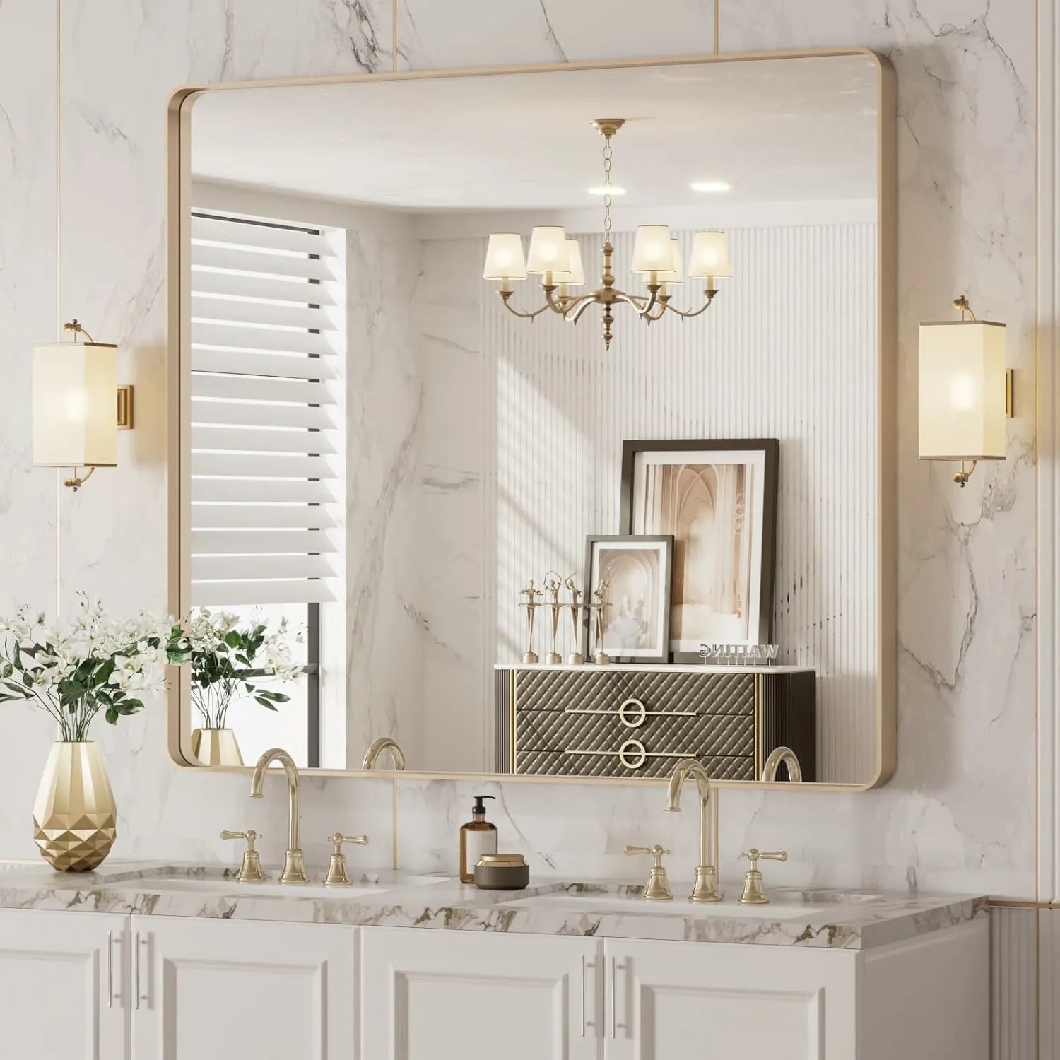 40”X36” Anti-Rust Tempered Glass Gold Bathroom Mirror