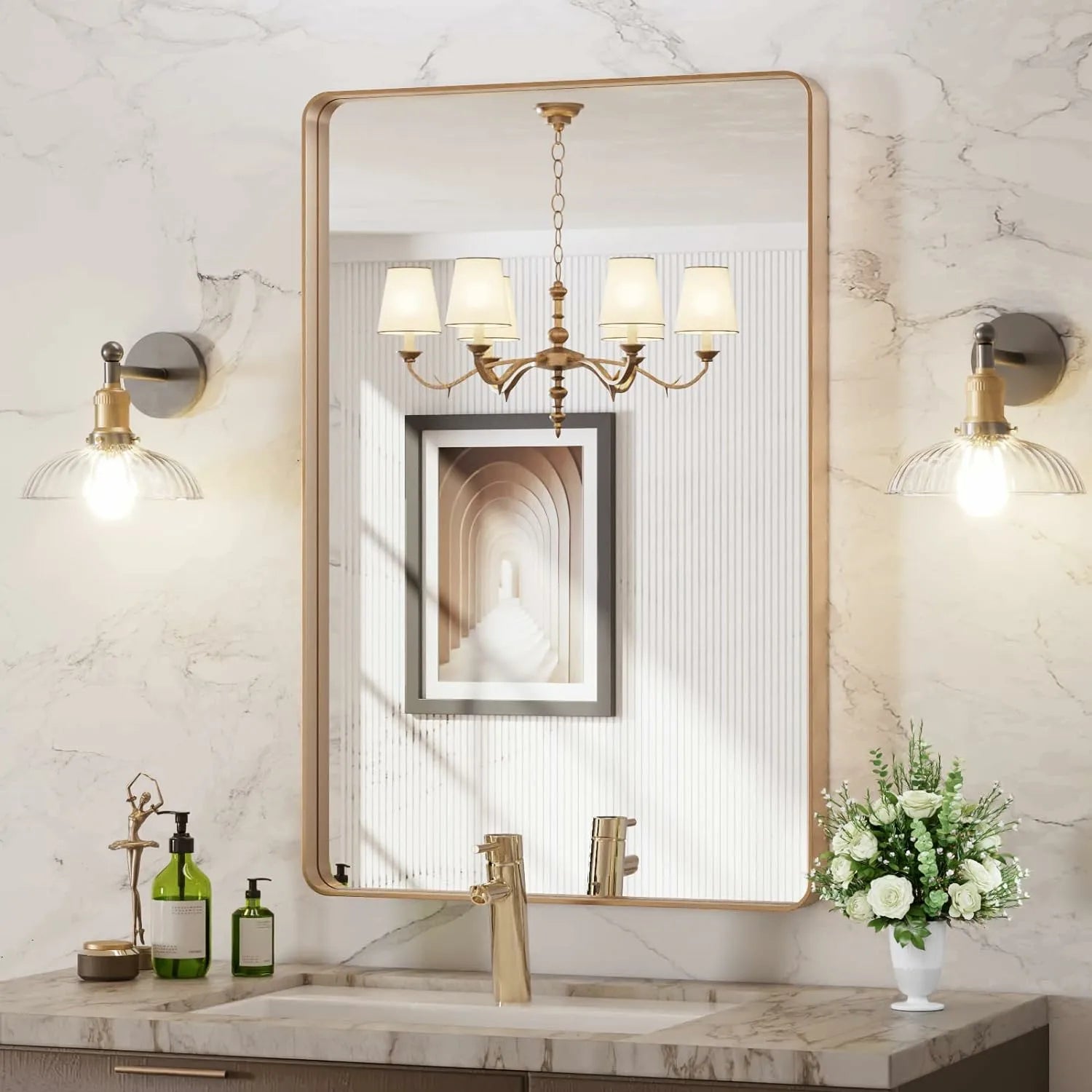 Tempered Glass Bathroom Gold Frame Mirror