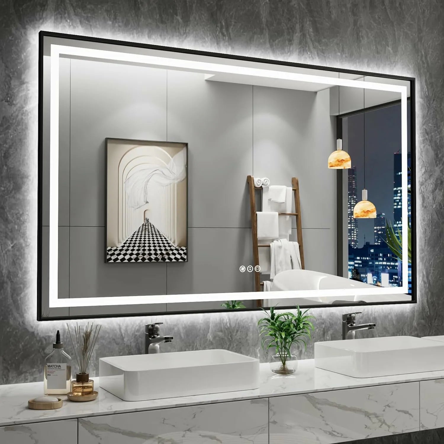 60"x36" Anti-Fog Black Frame Shatter-Proof LED Bathroom Mirror