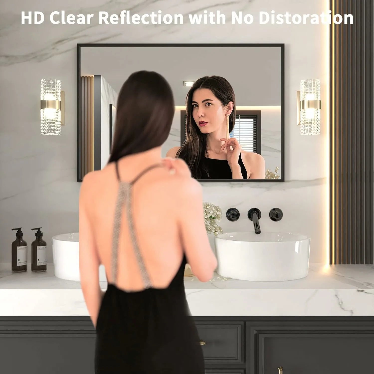 Hangs Vertically or Horizontally Black Frame Bathroom Mirror