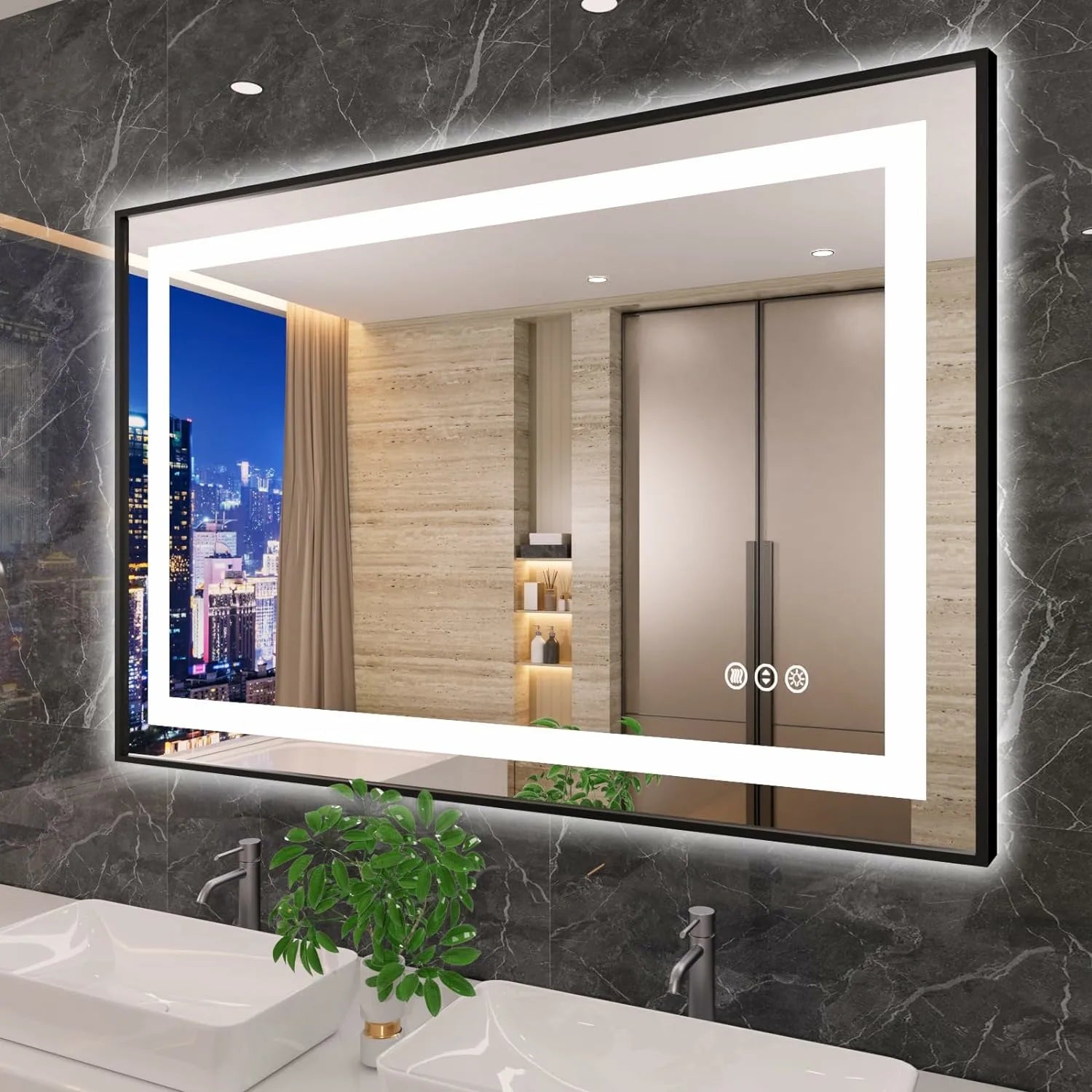 Brightness Dimmable Black Double LED Bathroom Mirror