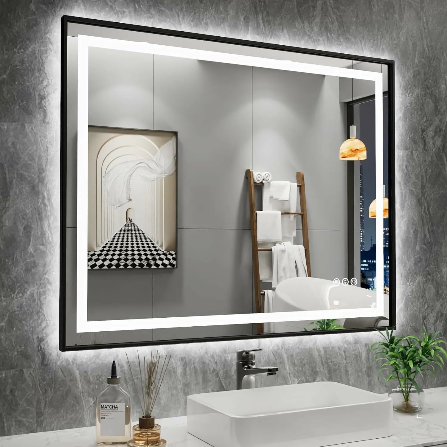 Double Bright Lights Black Frame LED Bathroom Mirror