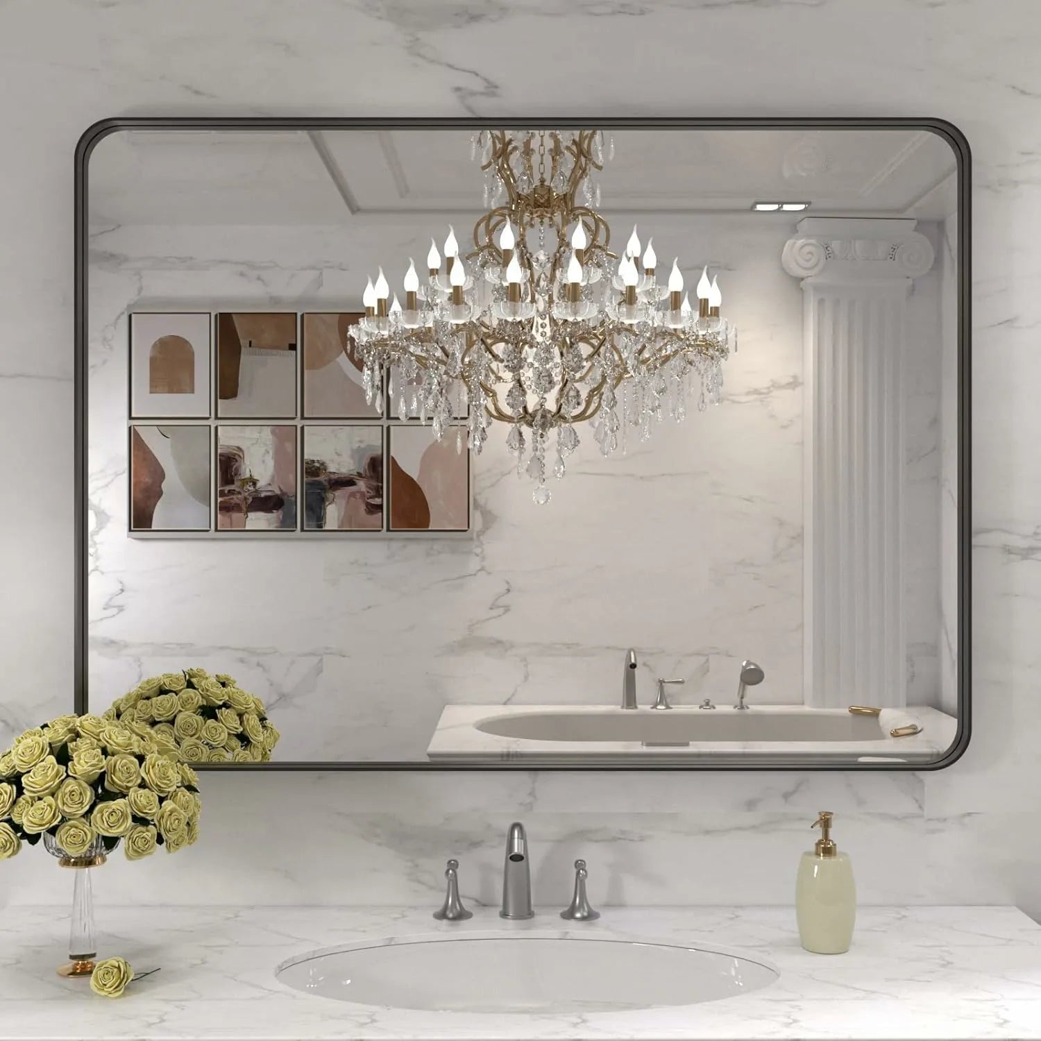 LOAAO 40"X30" Anti-Rust Hangs Horizontally or Vertically Black Framed Bathroom Mirror