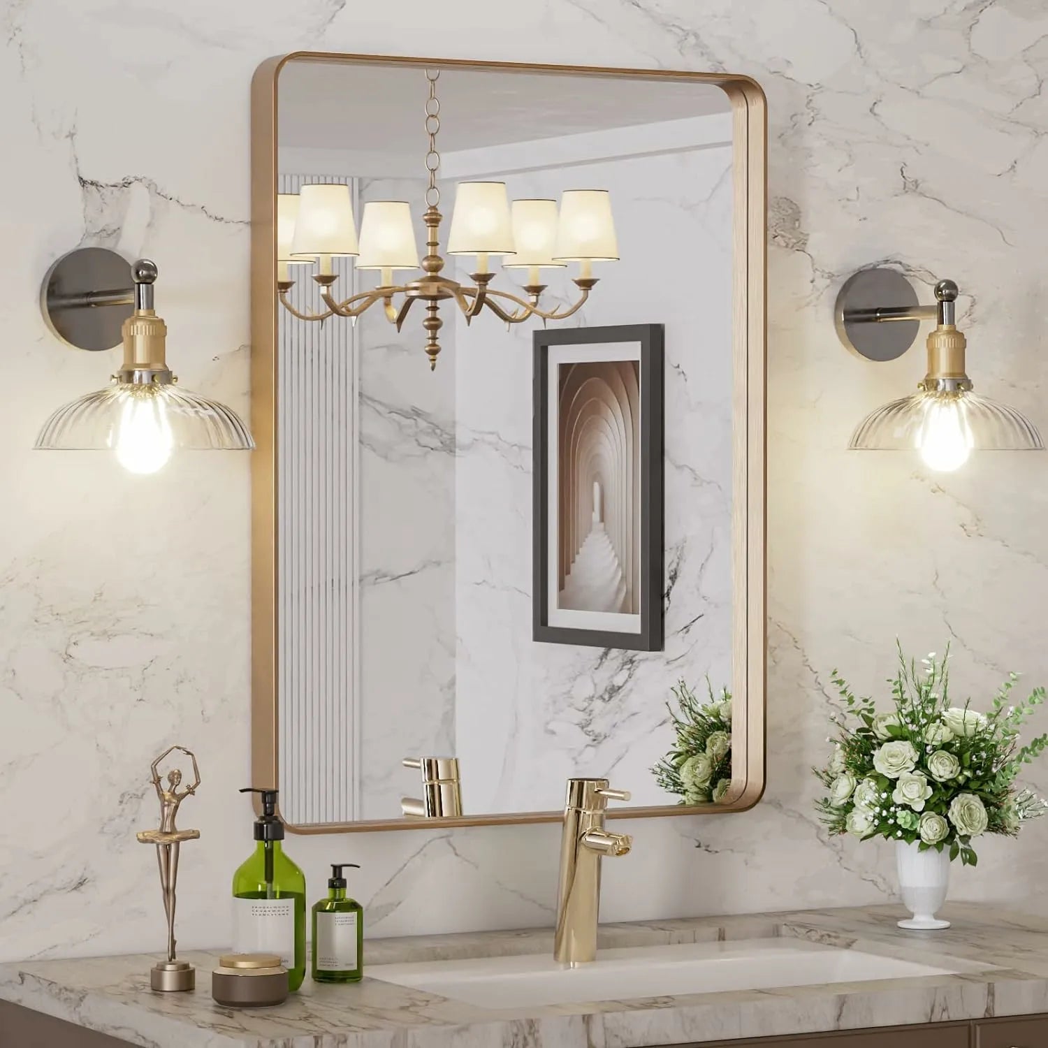 Wall-Mounted Anti-Rust Rounded Rectangle Gold Frame Mirror