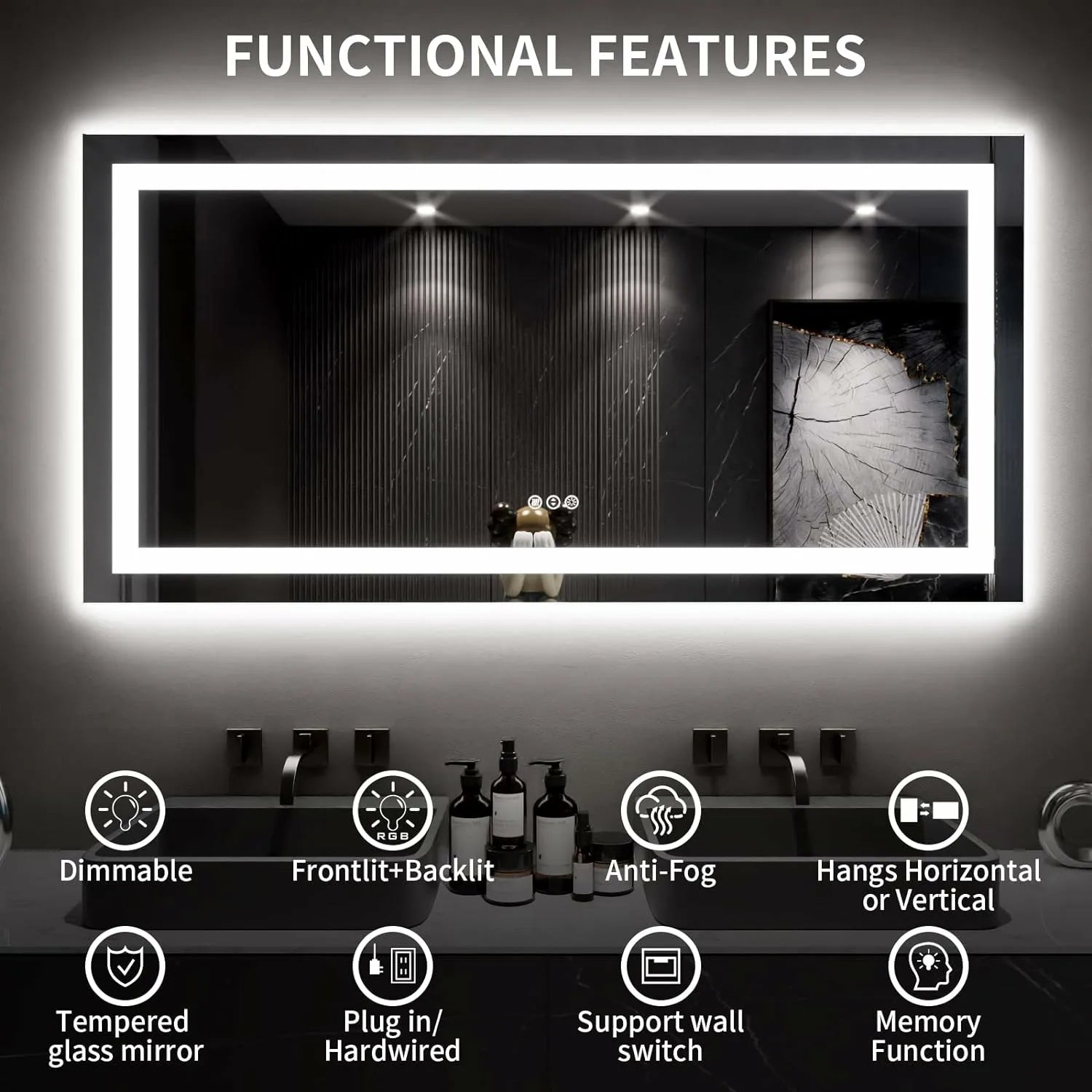 LOAAO 60"X30" Rectangular Dimmable LED Light Bathroom Mirror