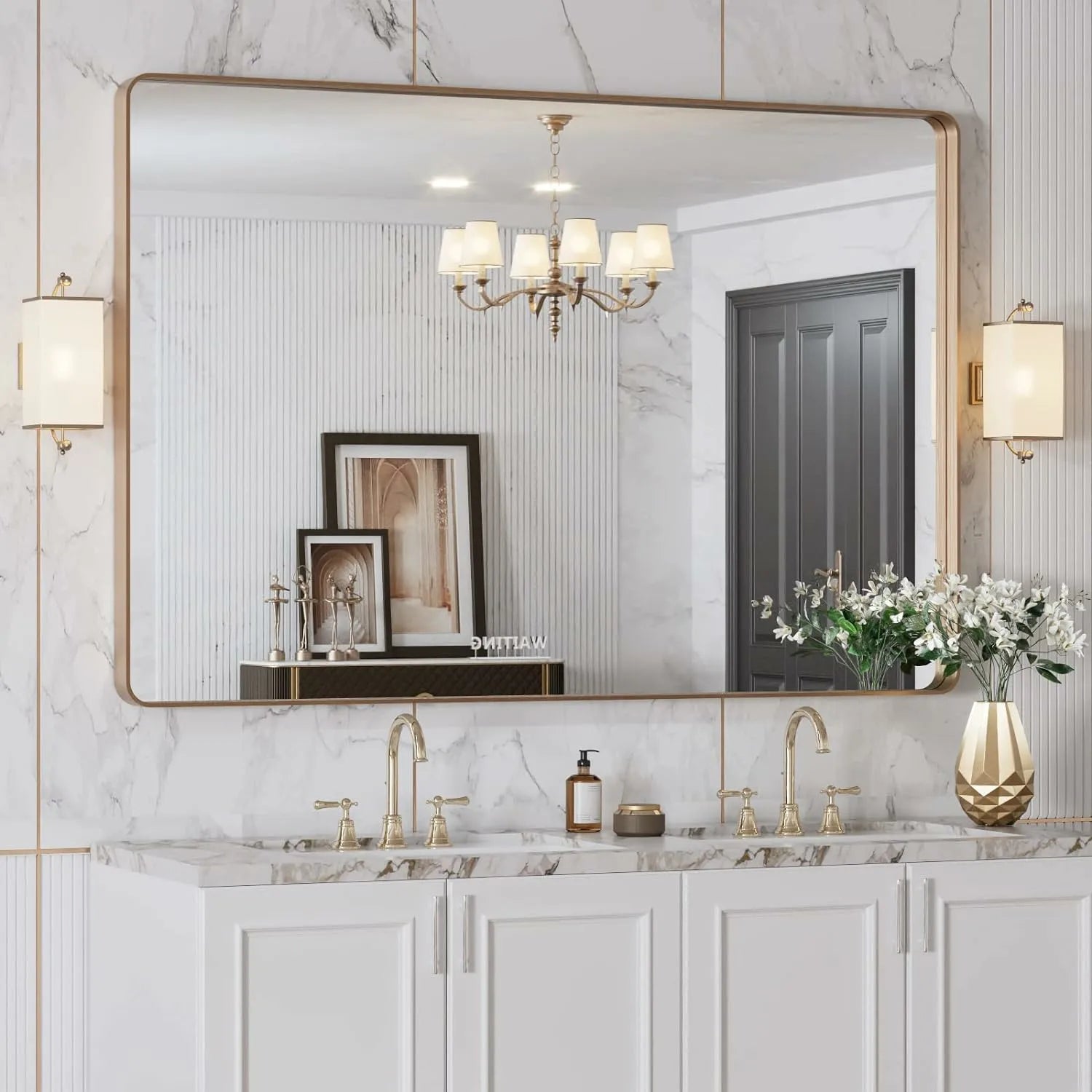 Tempered Glass Rectangle Gold Frame Bathroom Vanity Mirror