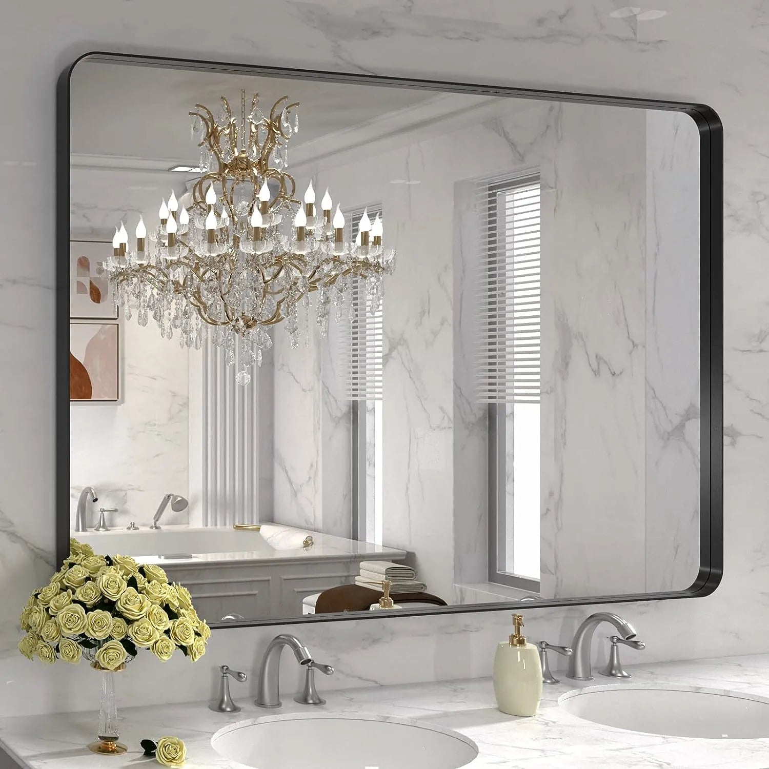 LOAAO 48"X30" Hangs Horizontally or Vertically Large Rounded Rectangle  Black Framed Mirror