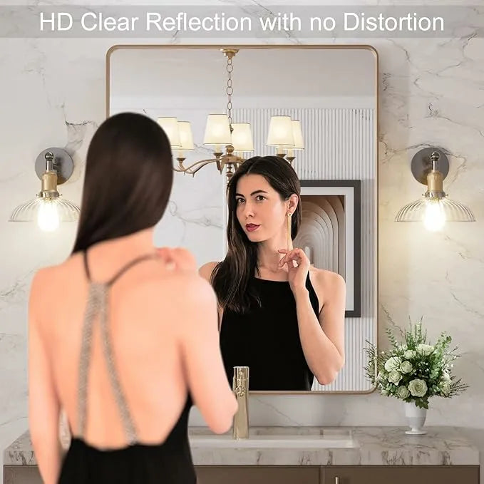 Tempered Glass Wall-Mounted Brushed Gold Bathroom Vanity Mirror