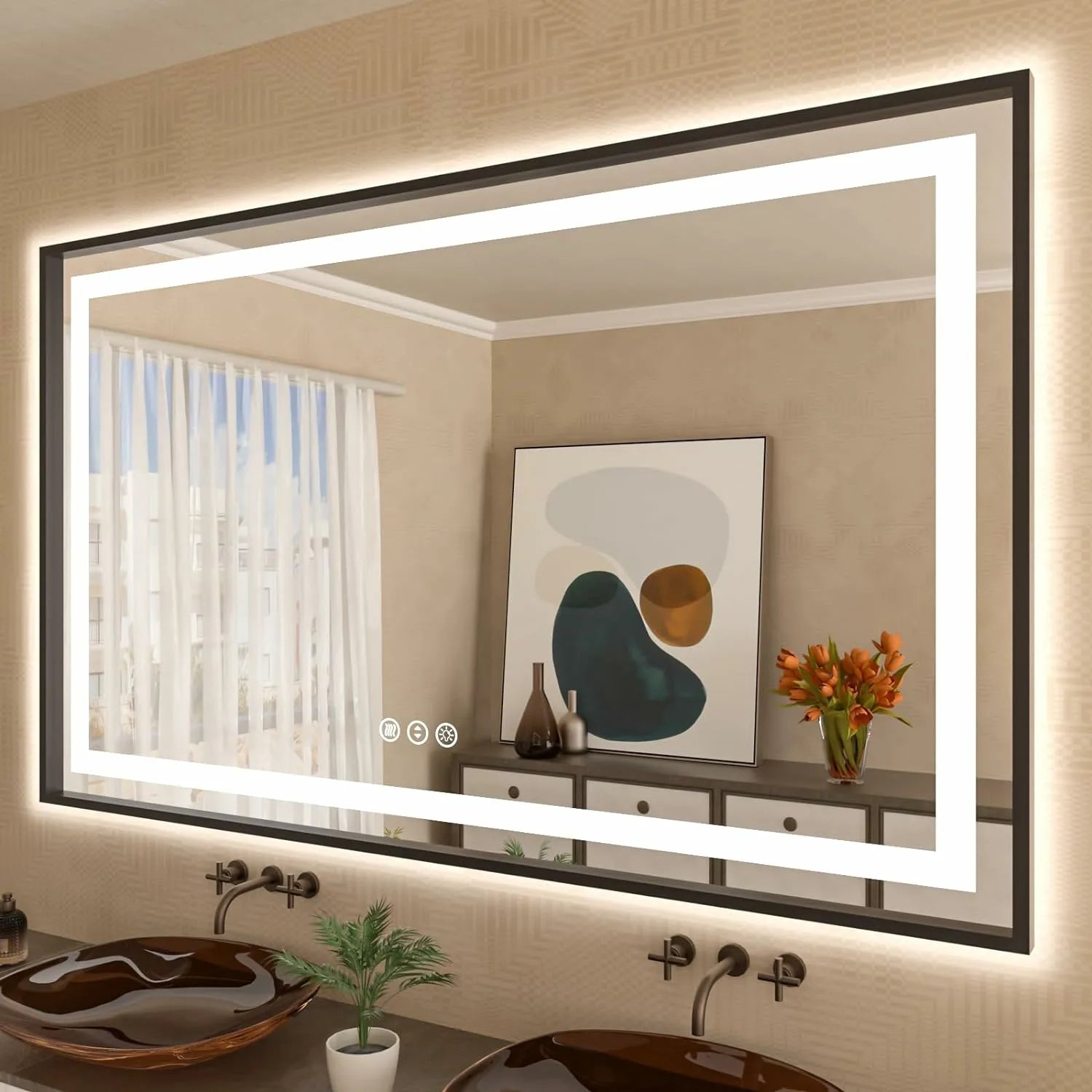 60"x40" 3 Colors Stepless Dimmable LED Bathroom Mirror Framed