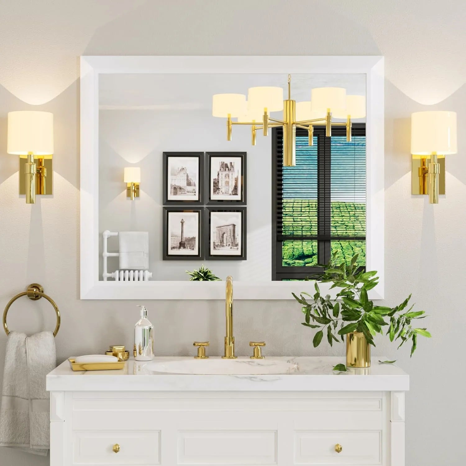 40”x32“ Horizontal/Vertical Thick Metal White Framed Bathroom Mirror