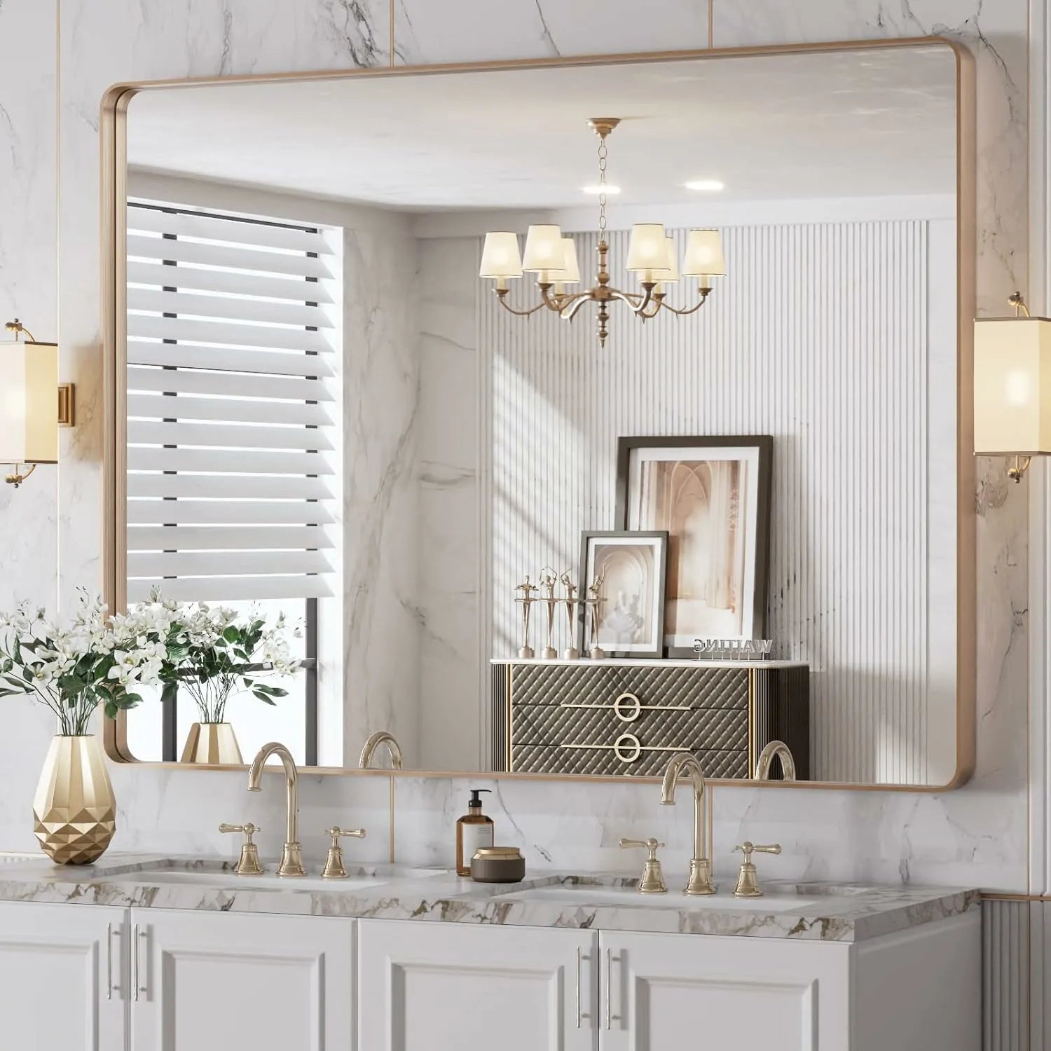 Rounded Rectangle Anti-Rust Gold Frame Bathroom Mirror