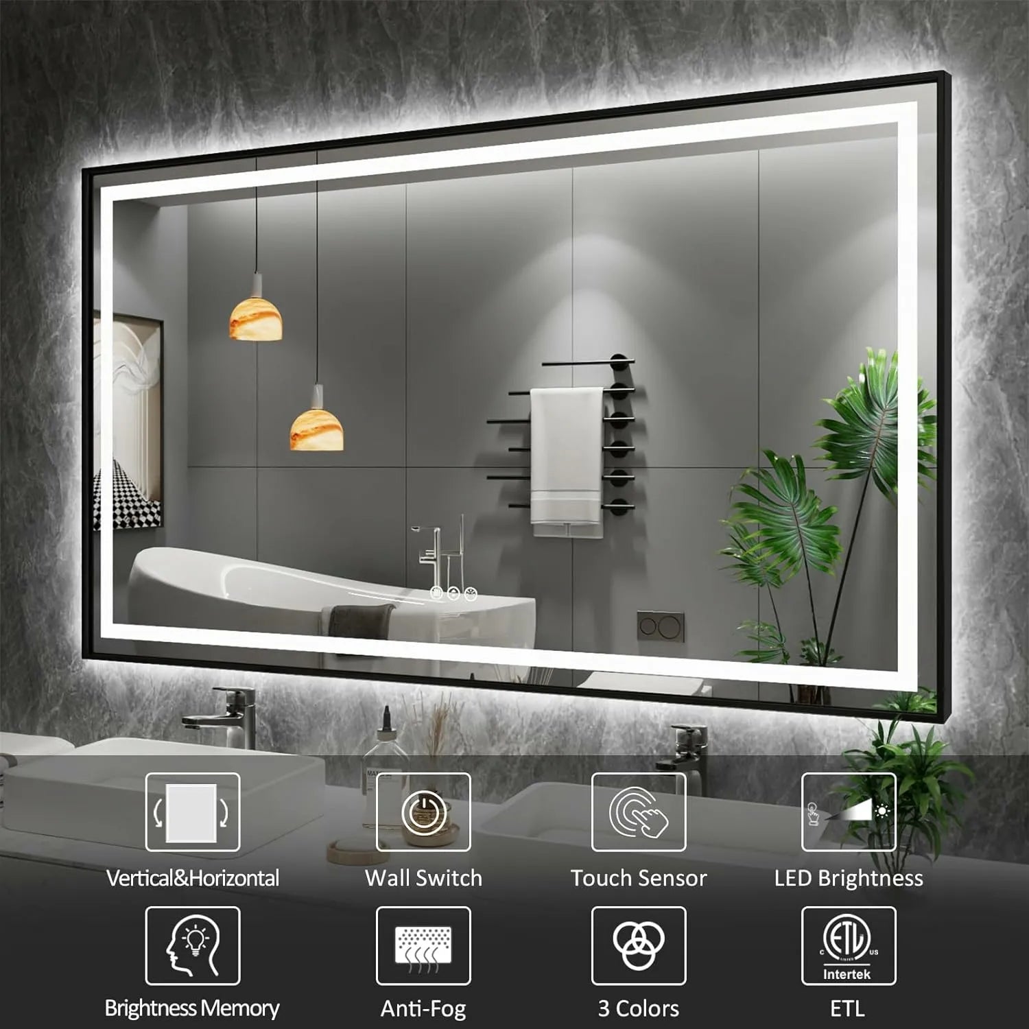 20"x28" Anti-Fog Black Frame LED Bathroom Mirror