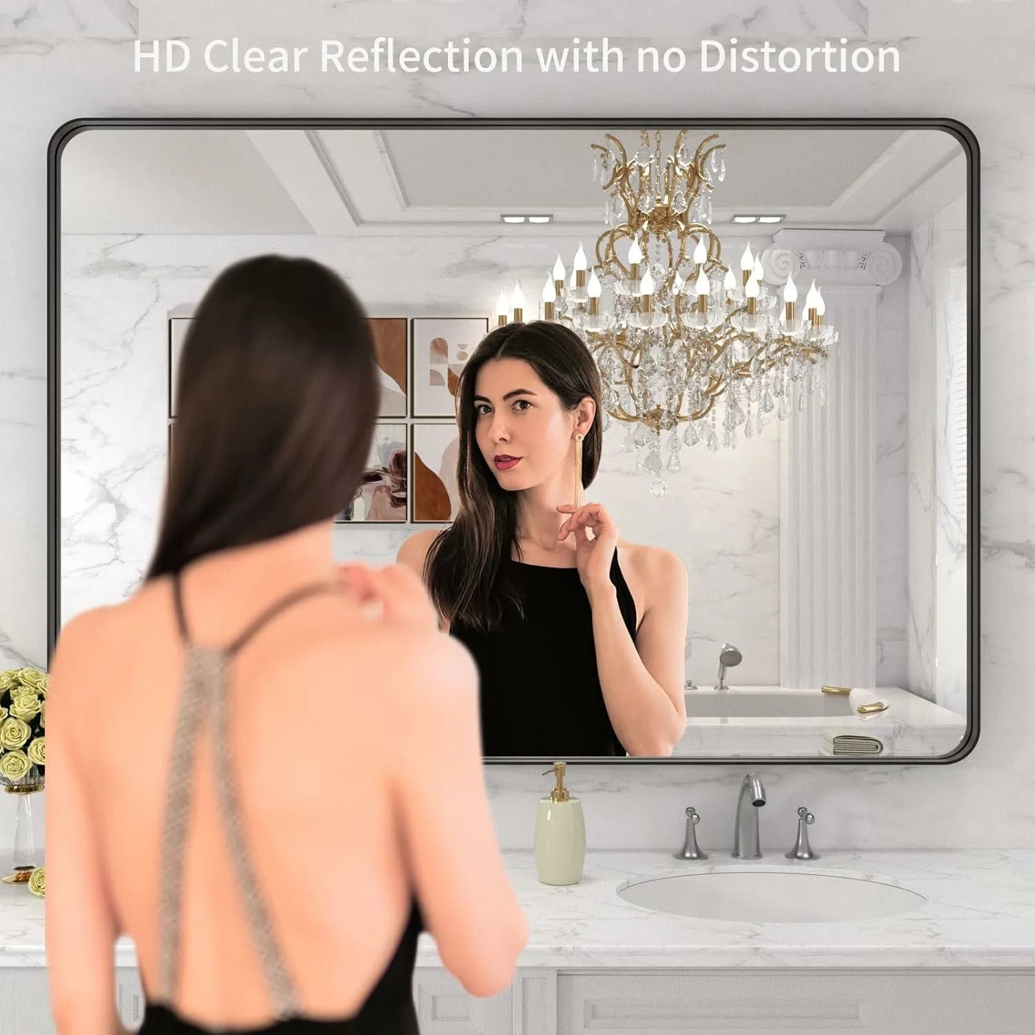 LOAAO 48"X30" Hangs Horizontally or Vertically Large Rounded Rectangle  Black Framed Mirror