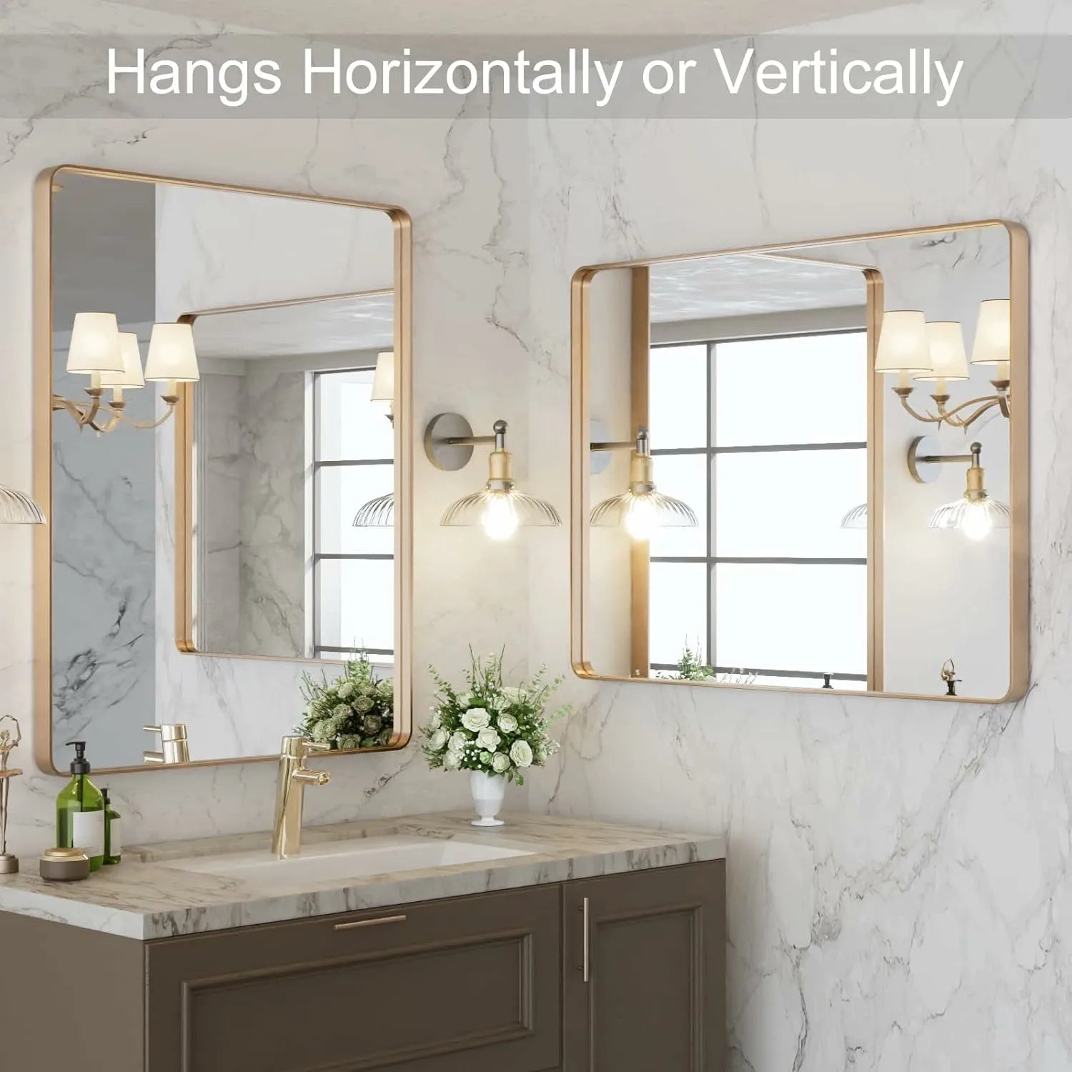 Tempered Glass Wall-Mounted Brushed Gold Bathroom Vanity Mirror