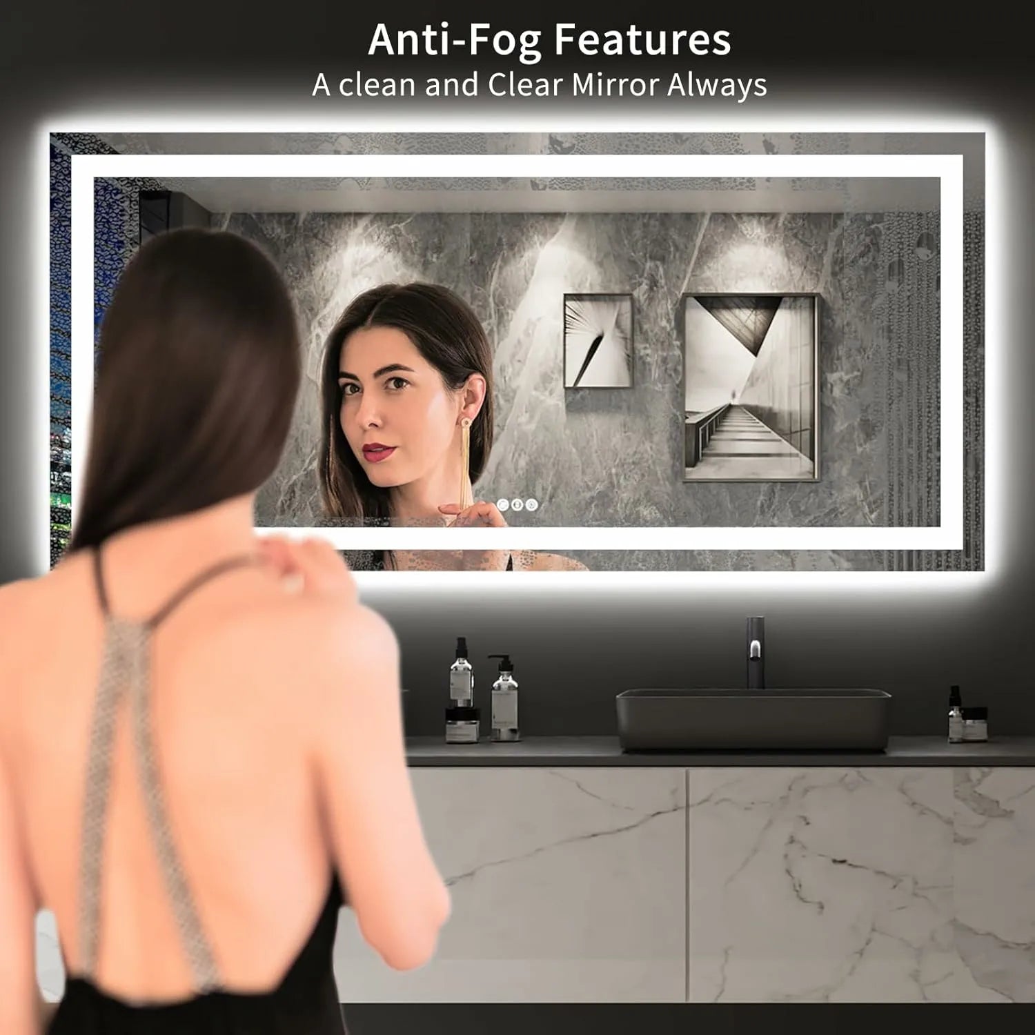 LOAAO 84"X40" Large Mirror Shatter-Proof Anti-Fog Wall Mounted LED Mirror