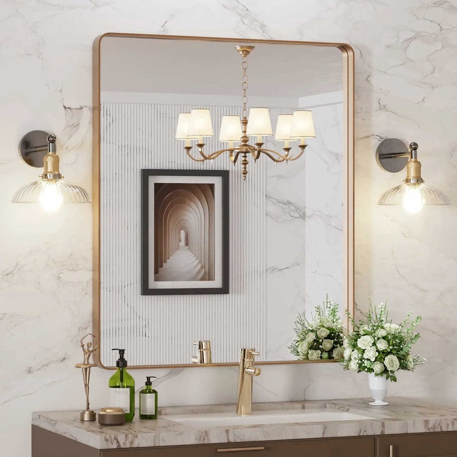 Hangs Horizontally or Vertically Tempered Glass Brushed Gold Bathroom Vanity Mirror