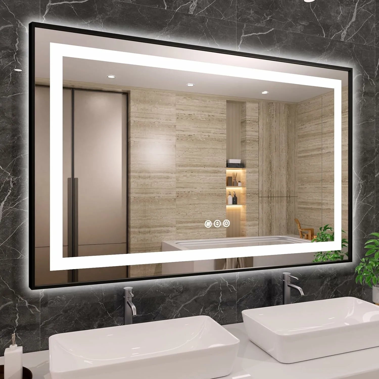 55"x36" Anti-Fog LED Bathroom Mirror Black Framed