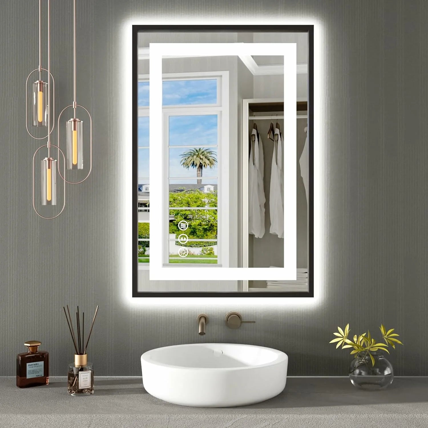 Stepless Dimmable Bathroom LED Mirror with Black Frame