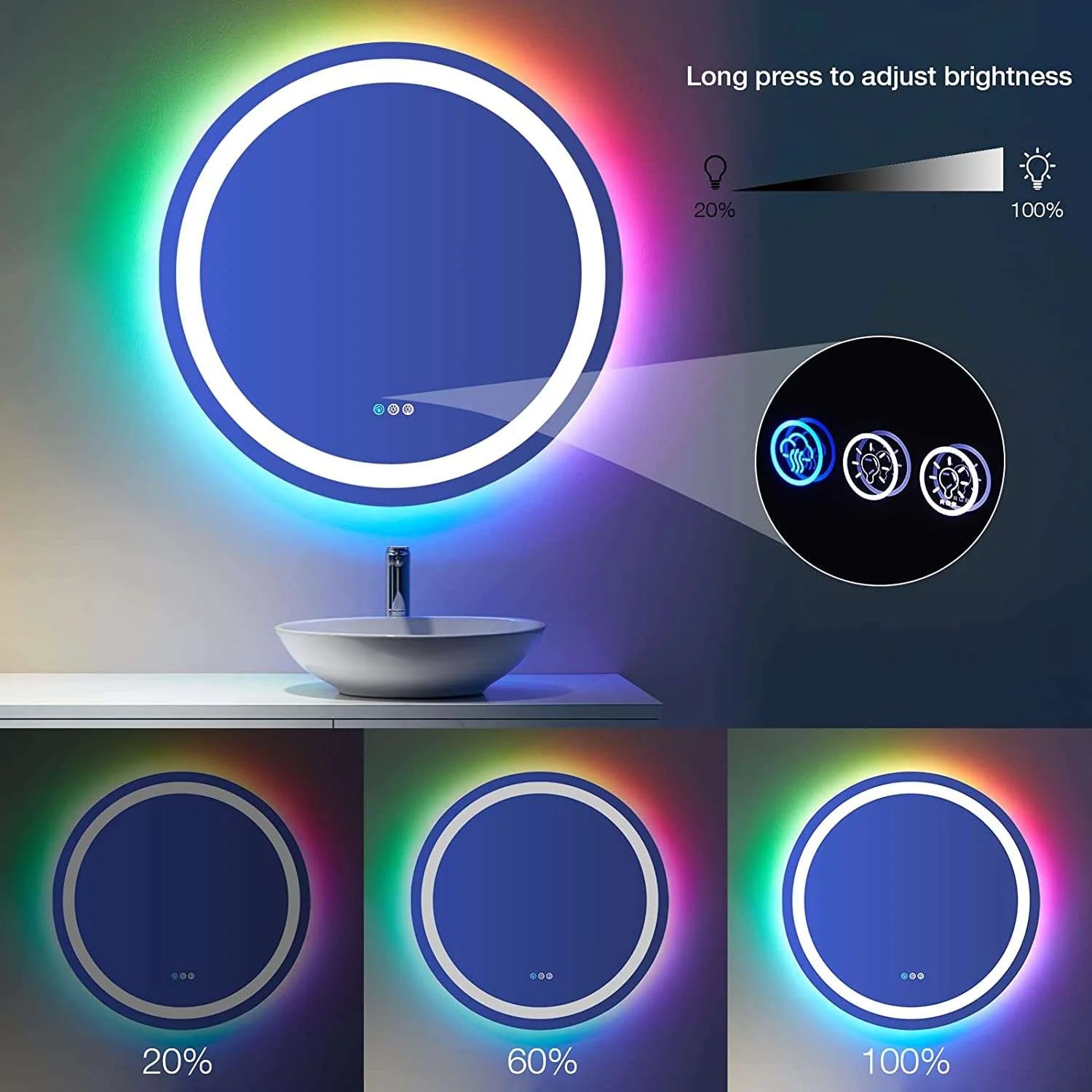 LED Vanity Round LED Mirror with RGB Front & Backlit