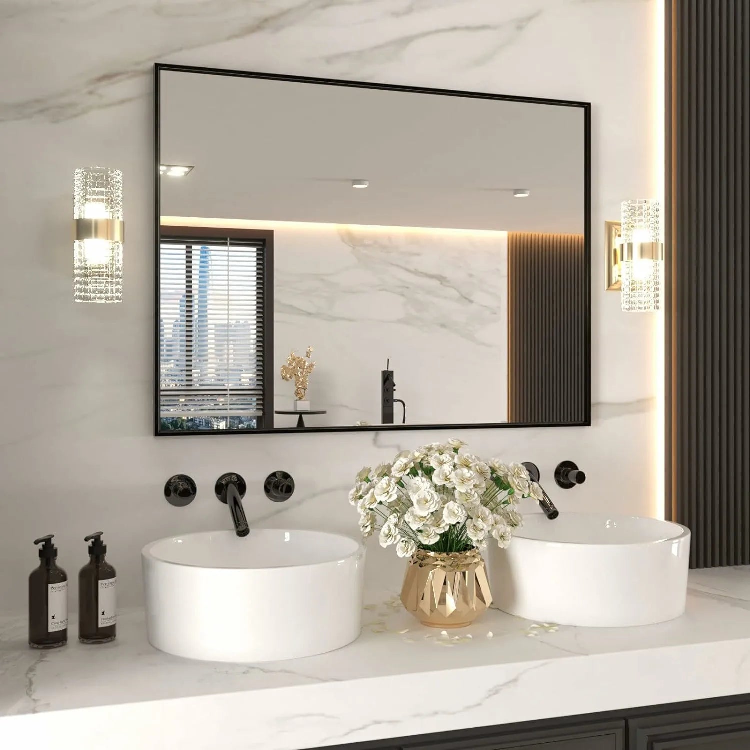 Hangs Vertically or Horizontally Black Frame Bathroom Mirror