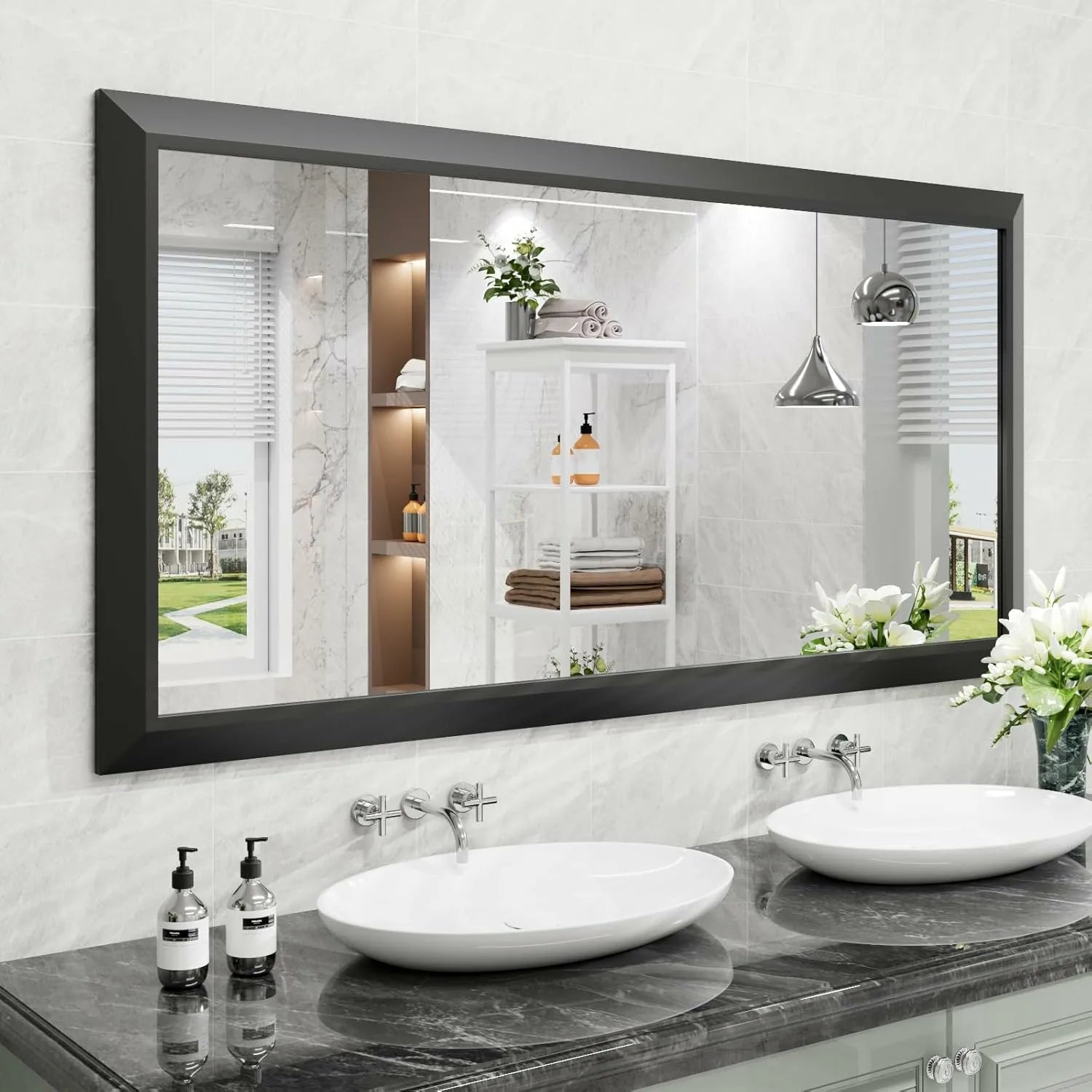 LOAAO 60"x30" Horizontal/Vertical Rectangle Black Framed Bathroom Mirror