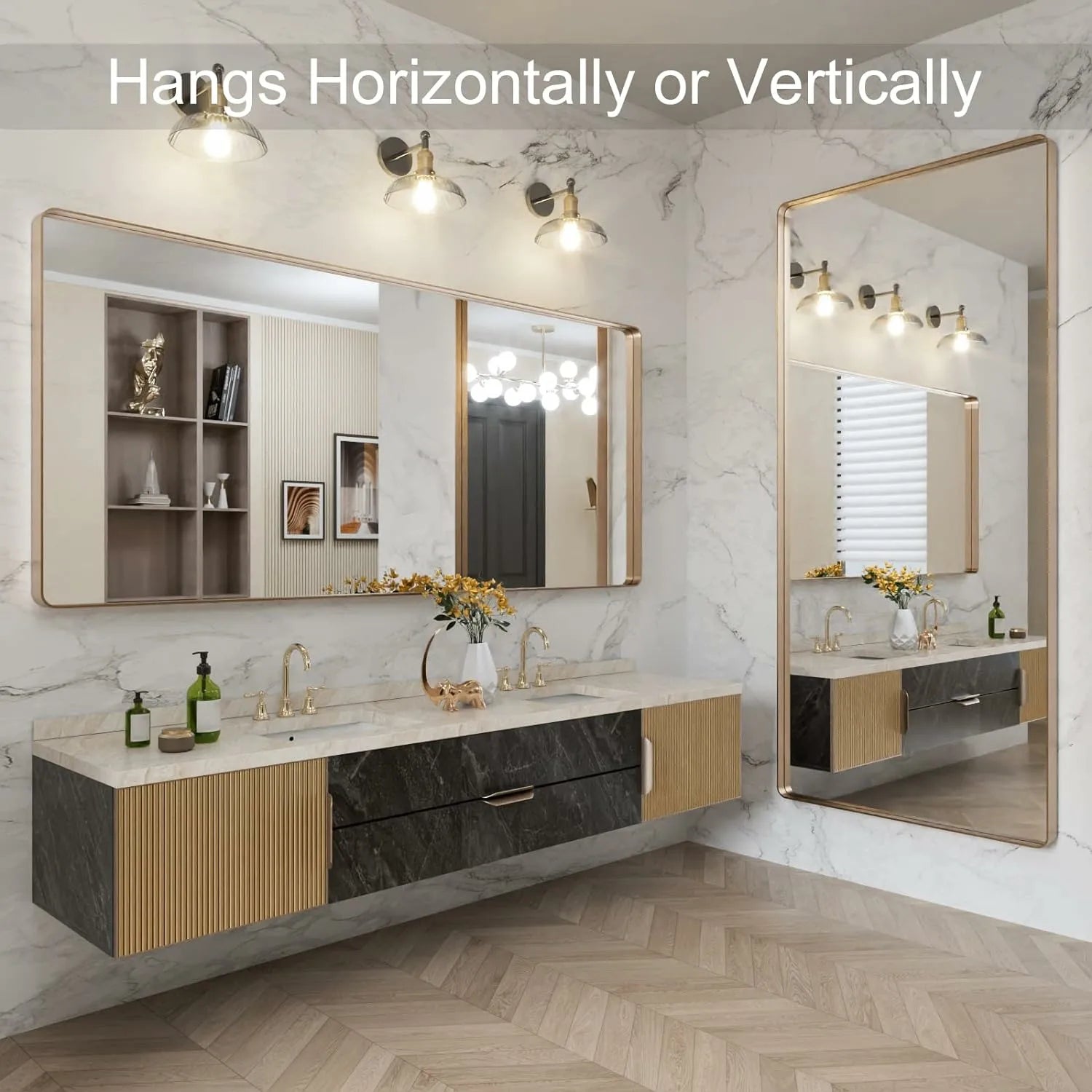 Large Hangs Horizontally or Vertically Gold Bathroom Vanity Mirror