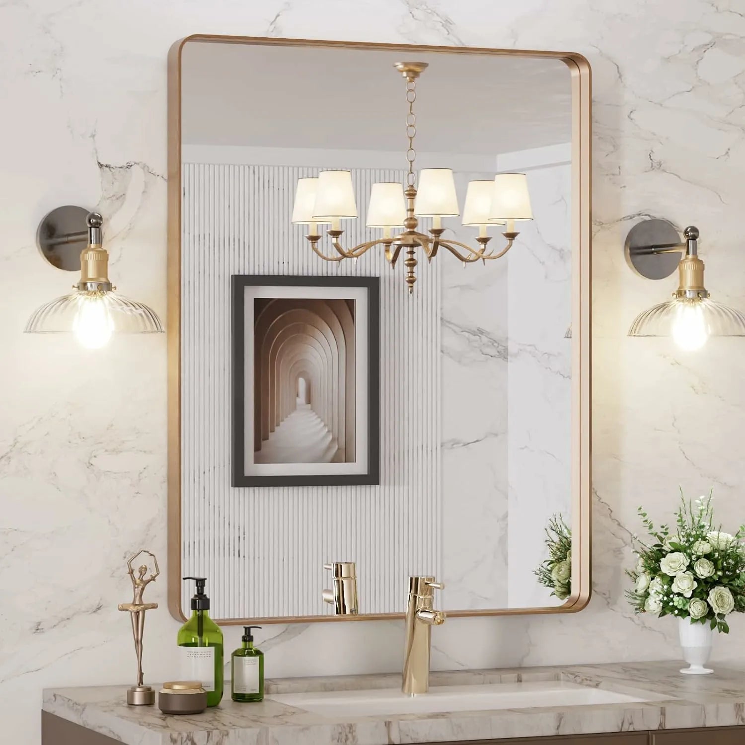 Tempered Glass Wall-Mounted Brushed Gold Bathroom Vanity Mirror