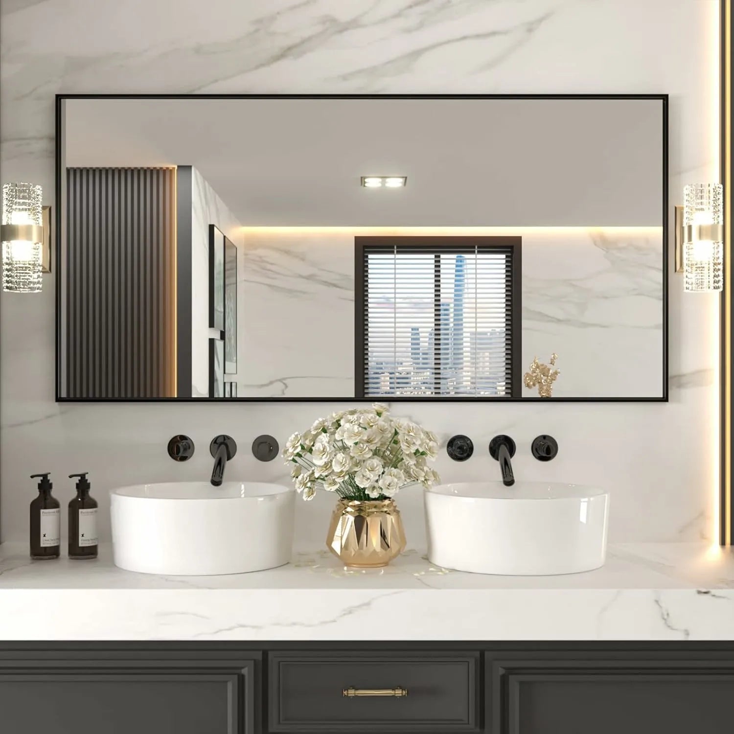 72"x36" 5-Years Warranty Black Rectangle Bathroom Mirror