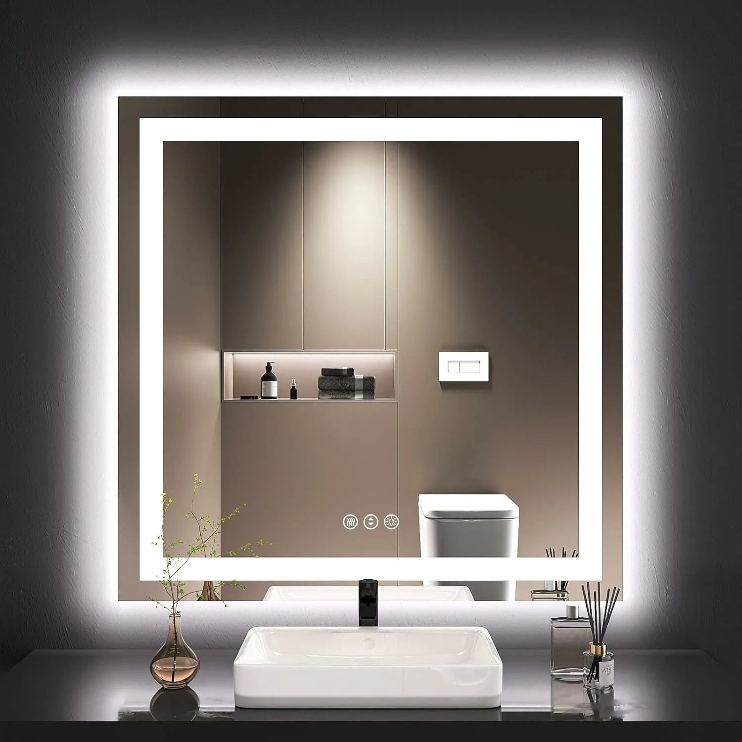 LOAAO 36X36 Tempered Glass Dimmable Memory Function Lighted Bathroom Vanity Mirror for Wall