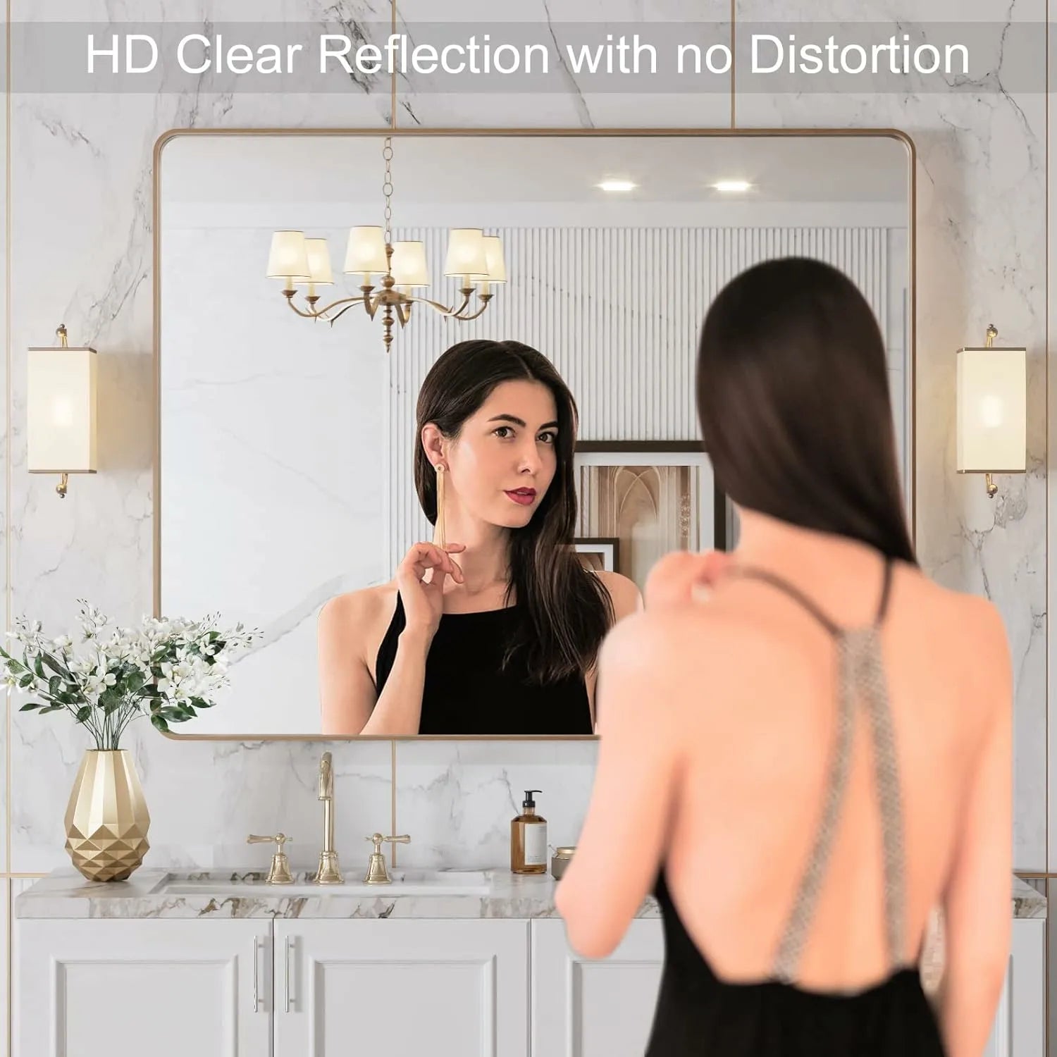 Anti-Rust Tempered Glass Gold Bathroom Mirror Hangs Horizontally or Vertically