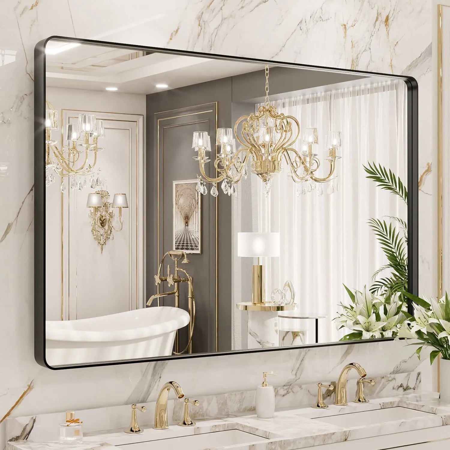 LOAAO 48"X40" Rounded Rectangle Mirror Matte Black Bathroom Vanity Mirror