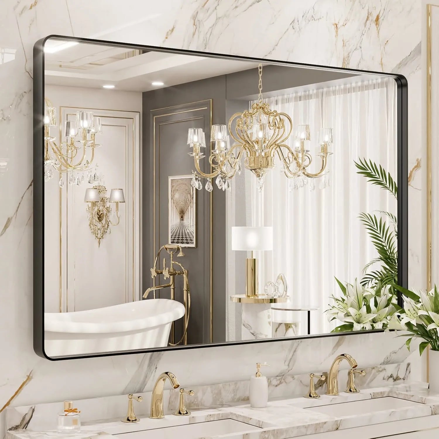 LOAAO 55"X36" Hangs Horizontally or Vertically Black Bathroom Vanity Mirror