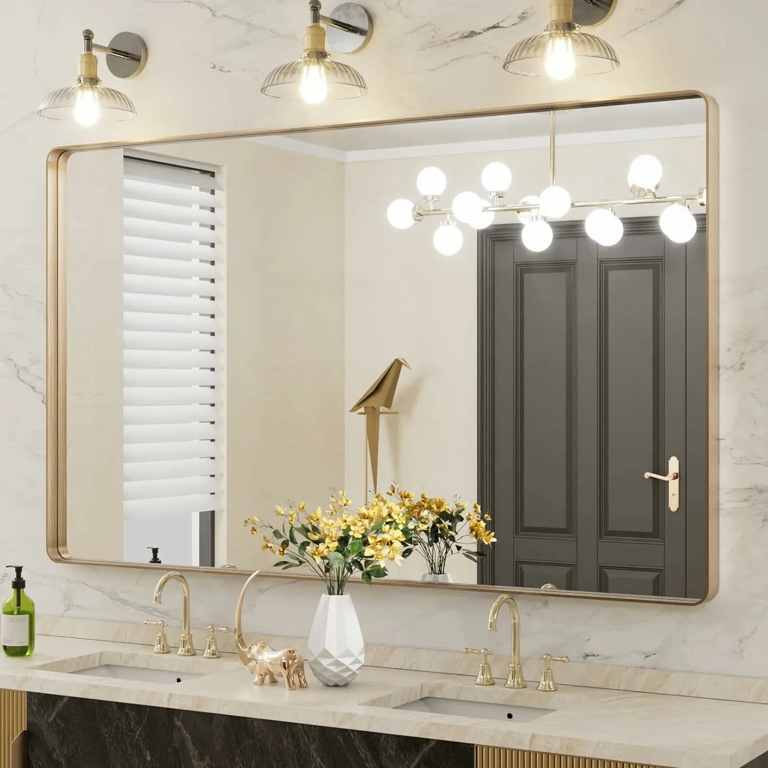 Bathroom Wall-Mounted Anti-Rust Tempered Glass Gold Frame Mirror