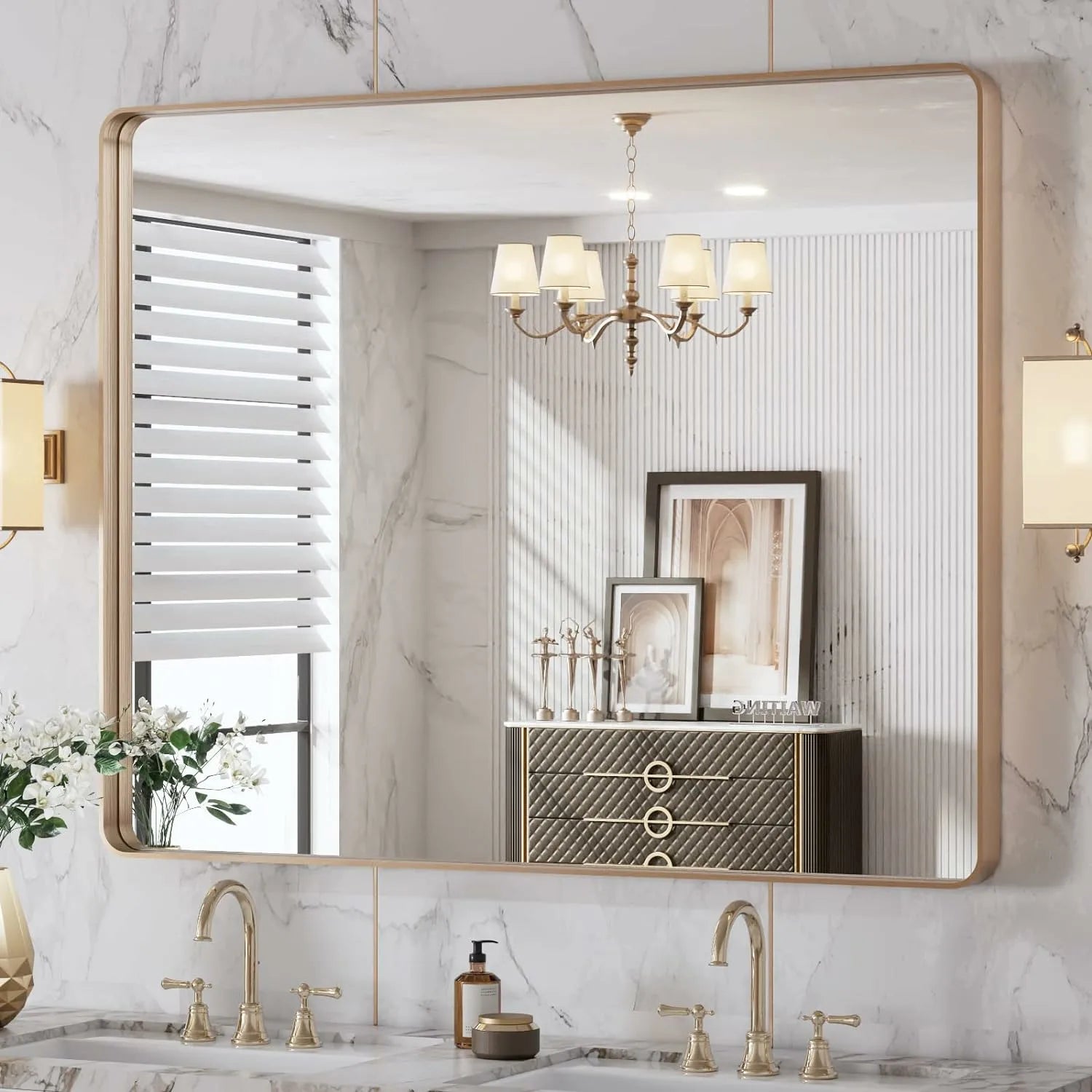 Anti-Rust Tempered Glass Gold Bathroom Mirror Hangs Horizontally or Vertically