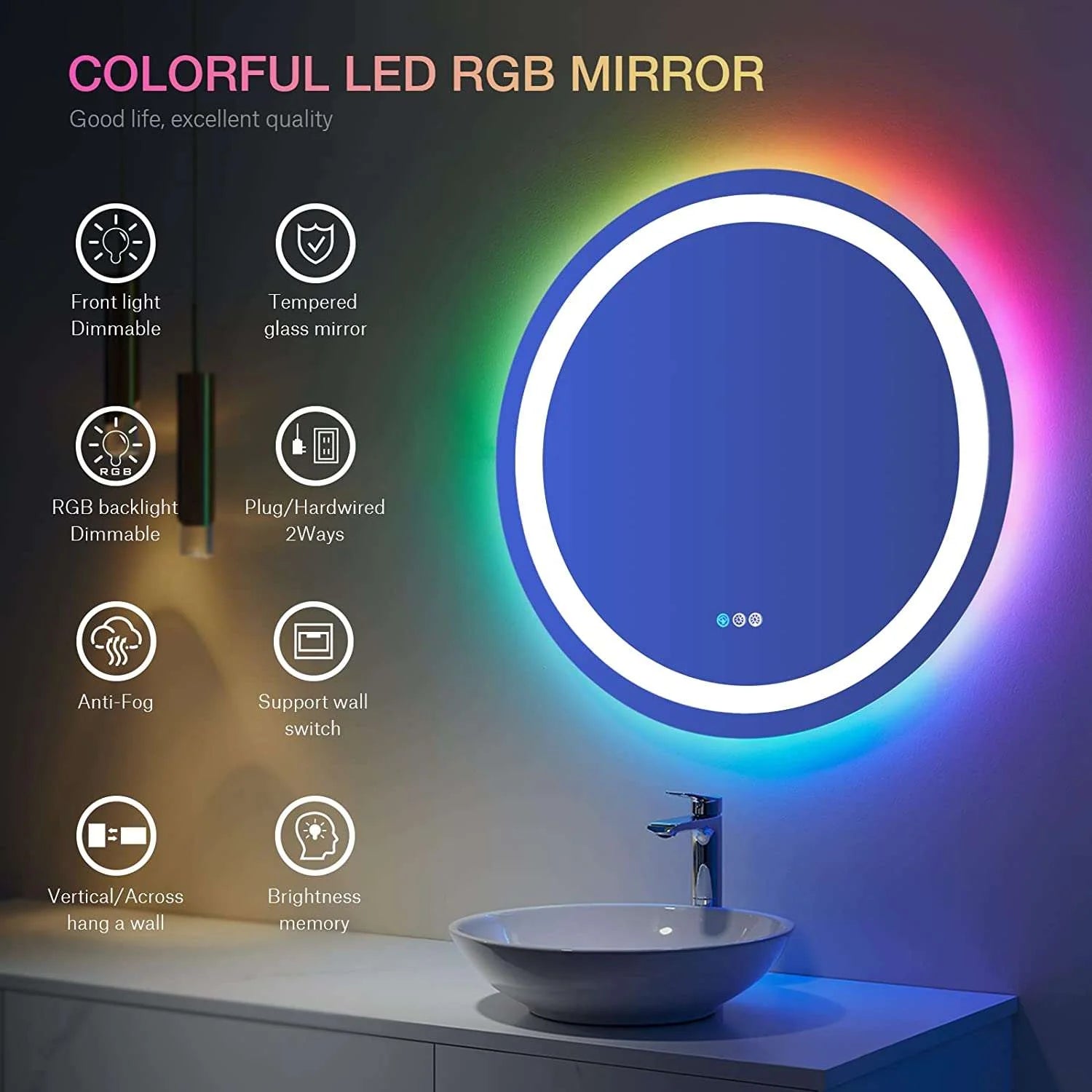 LED Vanity Round LED Mirror with RGB Front & Backlit