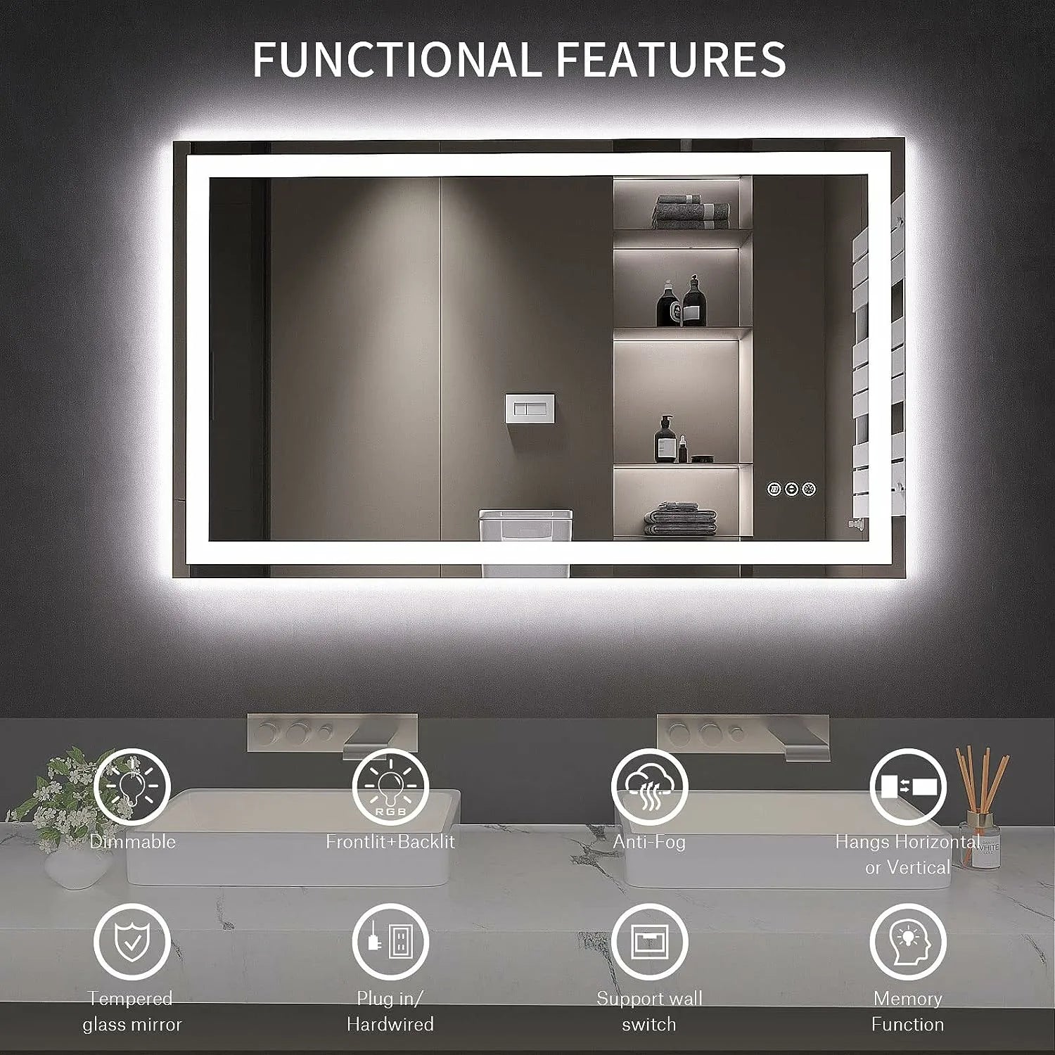 LED Bathroom Mirror with Lights Anti-Fog Dimmable Memory Function Tempered Glass