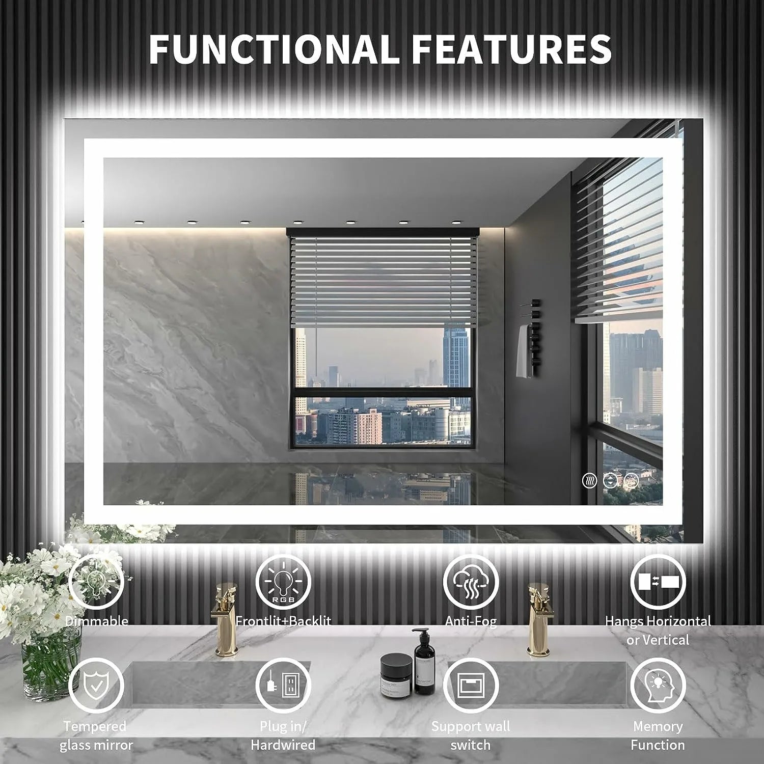 Waterproof LED Bathroom Mirror Anti-Fog Dimmable Backlit Memory Function