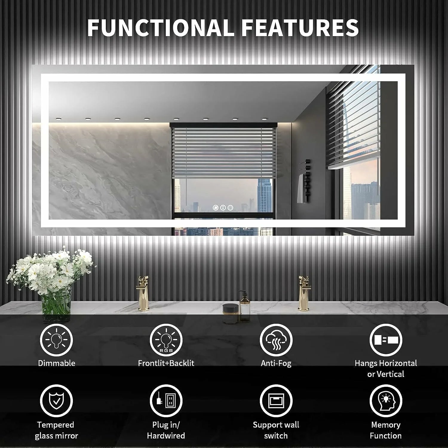 Shatter-Proof LED Bathroom Mirror Anti-Fog Dimmable Backlit Memory Function