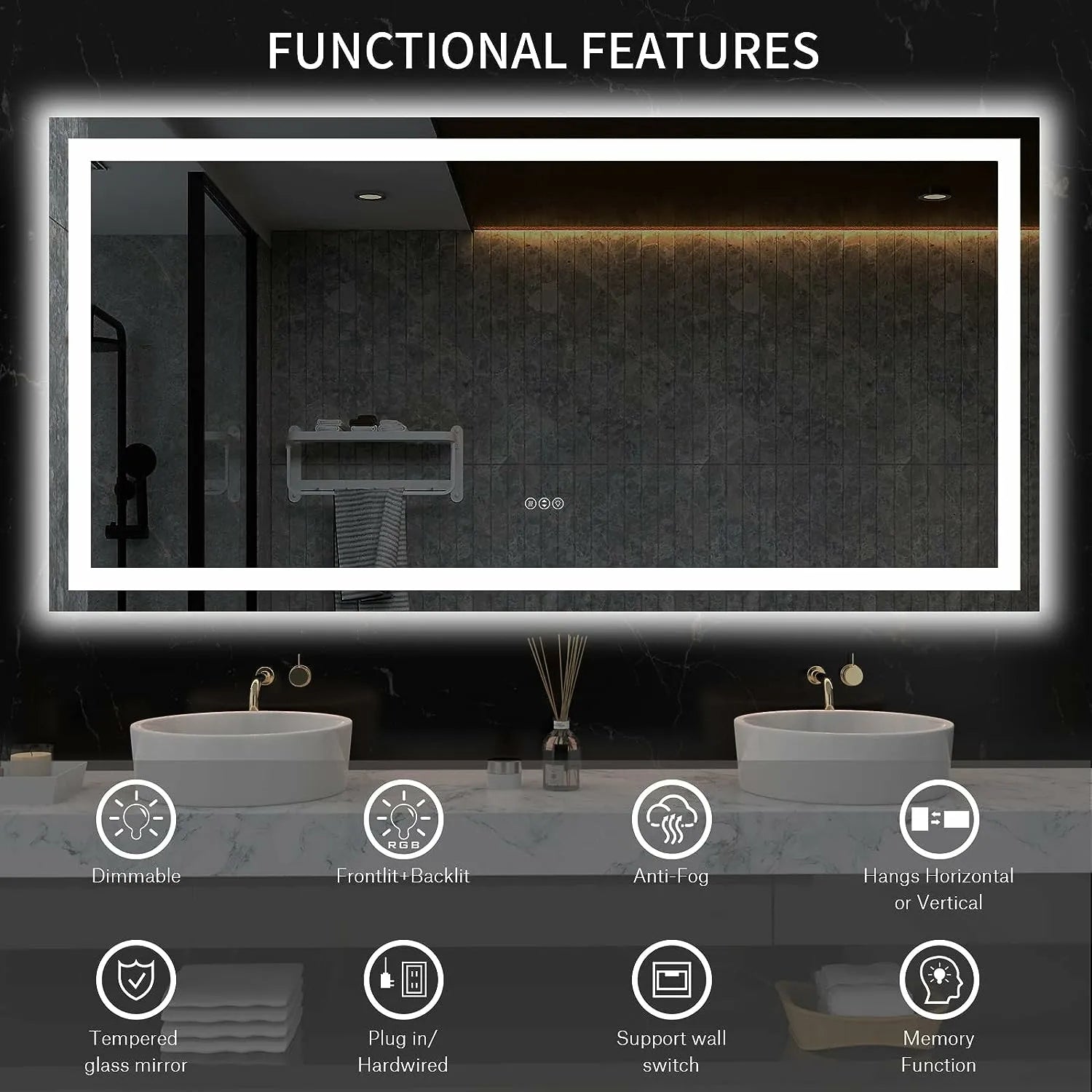 Tempered Glass Bathroom Mirror with Lights - Features Dimmable Backlit, Anti-Fog and Memory Function