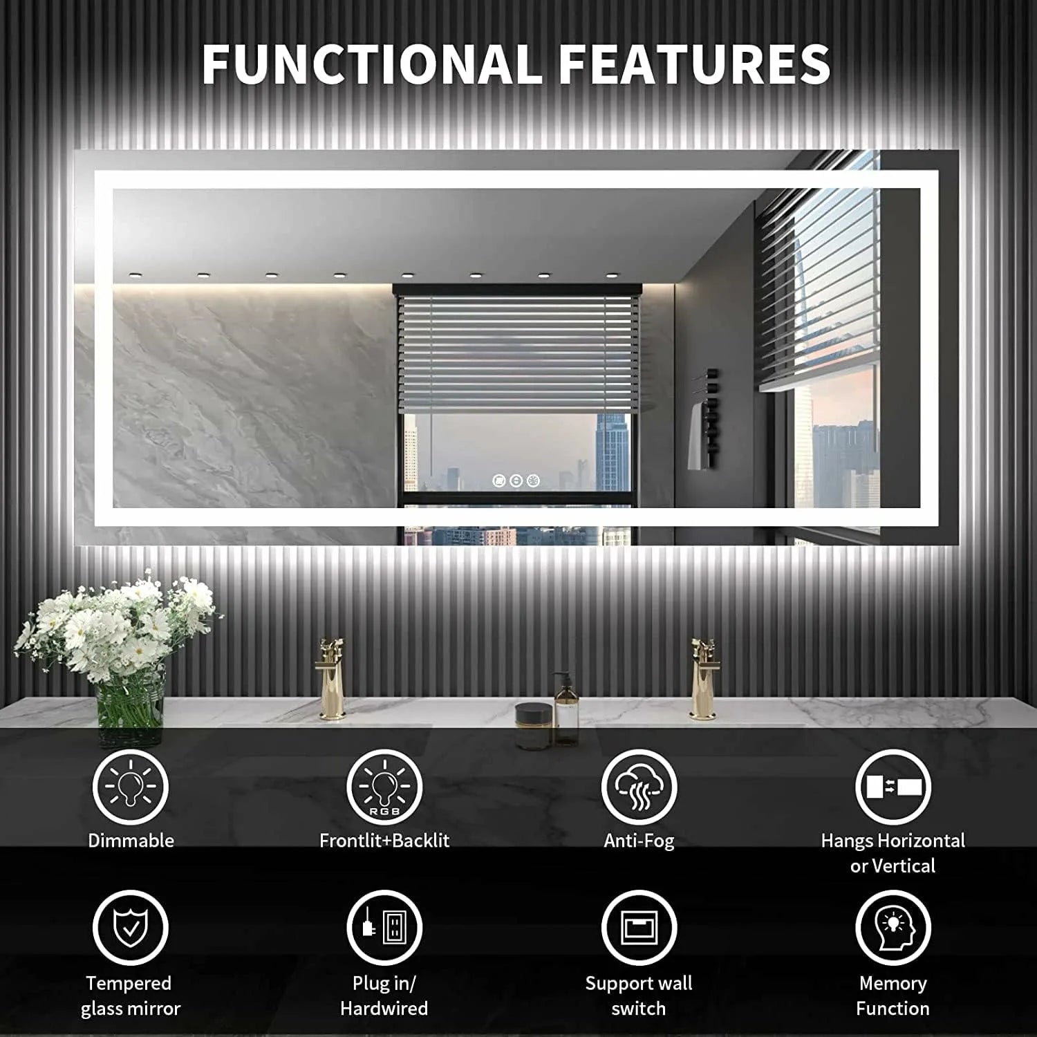 36"x96" Dimmable Backlit + Front Lit LED Bathroom Vanity Mirror with Anti-Fog and Memory Function