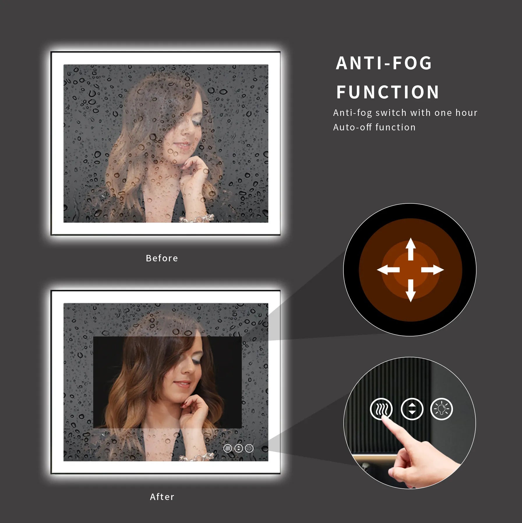 Multi Function Black Frame Triple Colors Smart Led Mirror