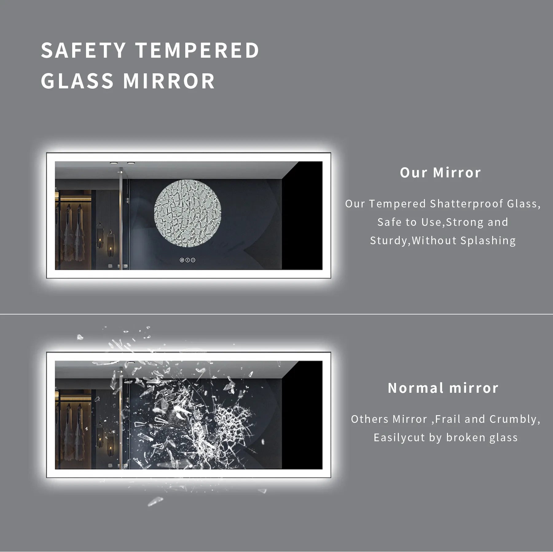 LED Smart Vertically Eco-friendly Lighted Tempered Mirror