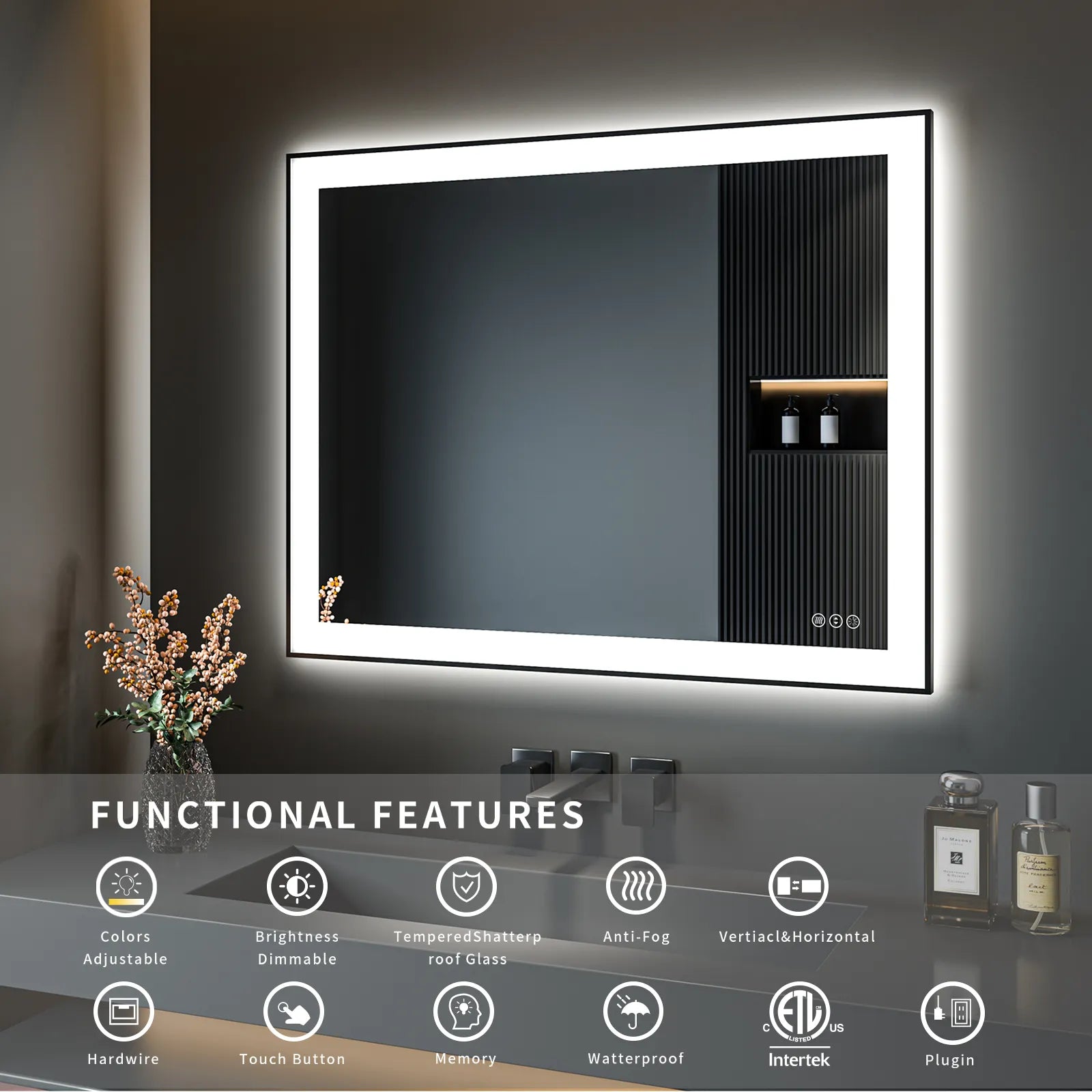 Multi Function Black Frame Triple Colors Smart Led Mirror