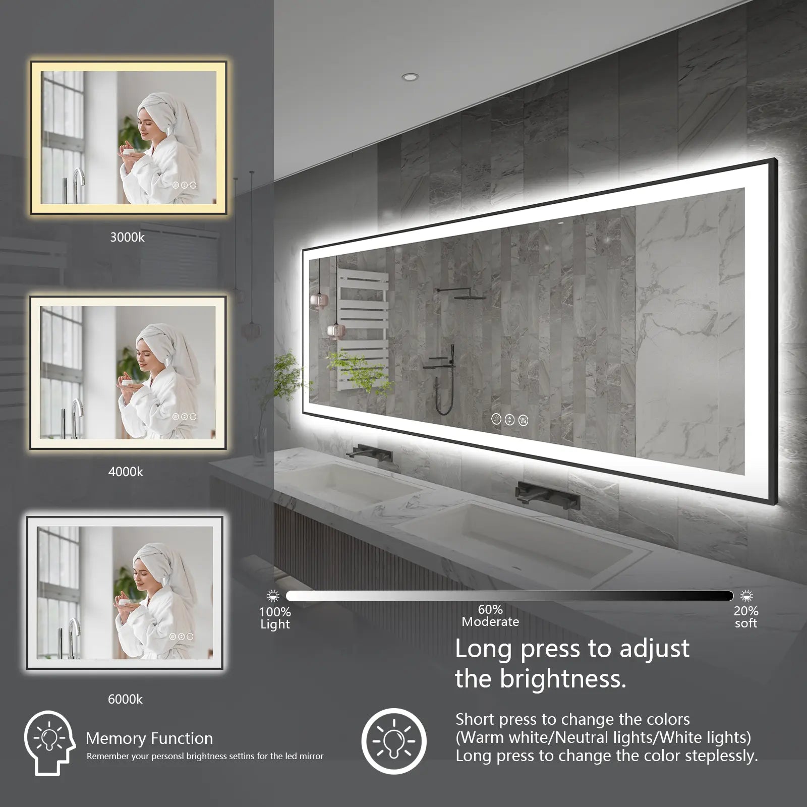 Wall-mounted Dimming Light Anti-Corrosion LED Large Bathroom Mirror