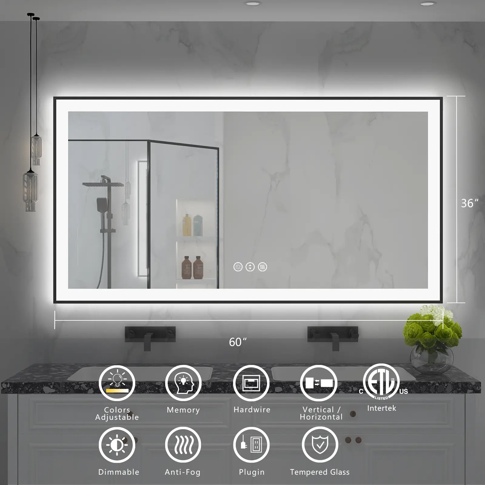 IP44 Waterproof Large Rectangular Metal Framed LED Bathroom Mirror