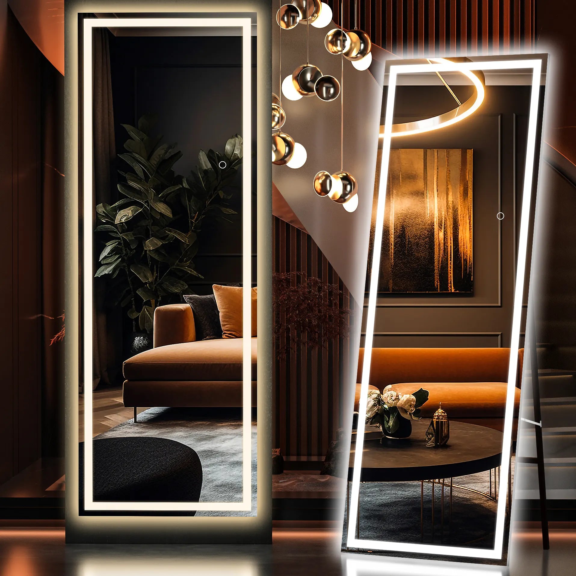 Gold Black Rectangle Aluminum Alloy Framed Full Body Length Led Mirror