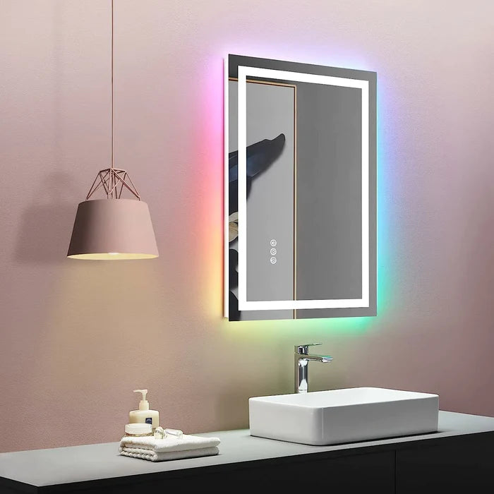 Shatter-Proof LED Bathroom Mirror with Lights Front Lighted Dimmable RGB Backlit Memory Function Anti-Fog